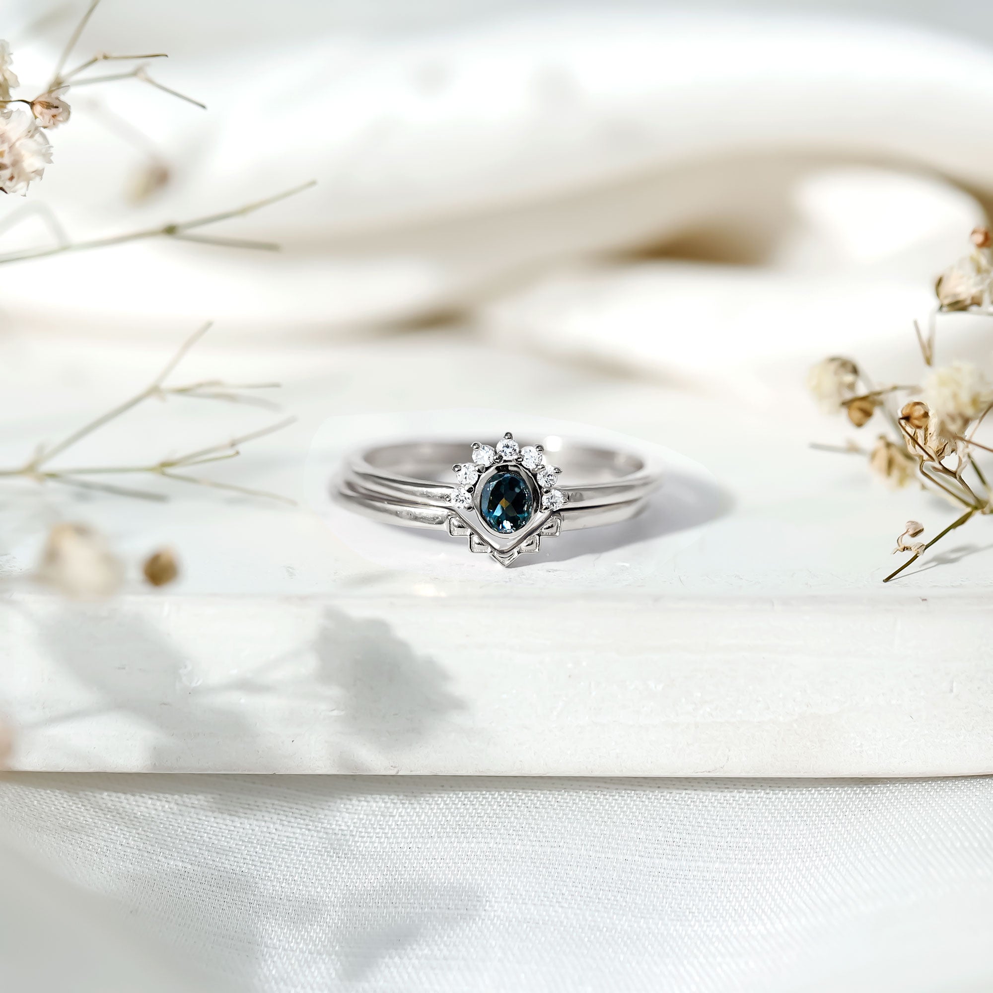 Real London Blue Topaz Engagement Ring With Enhancer in Silver AAA 92.5 Sterling Silver - Rosec Jewels