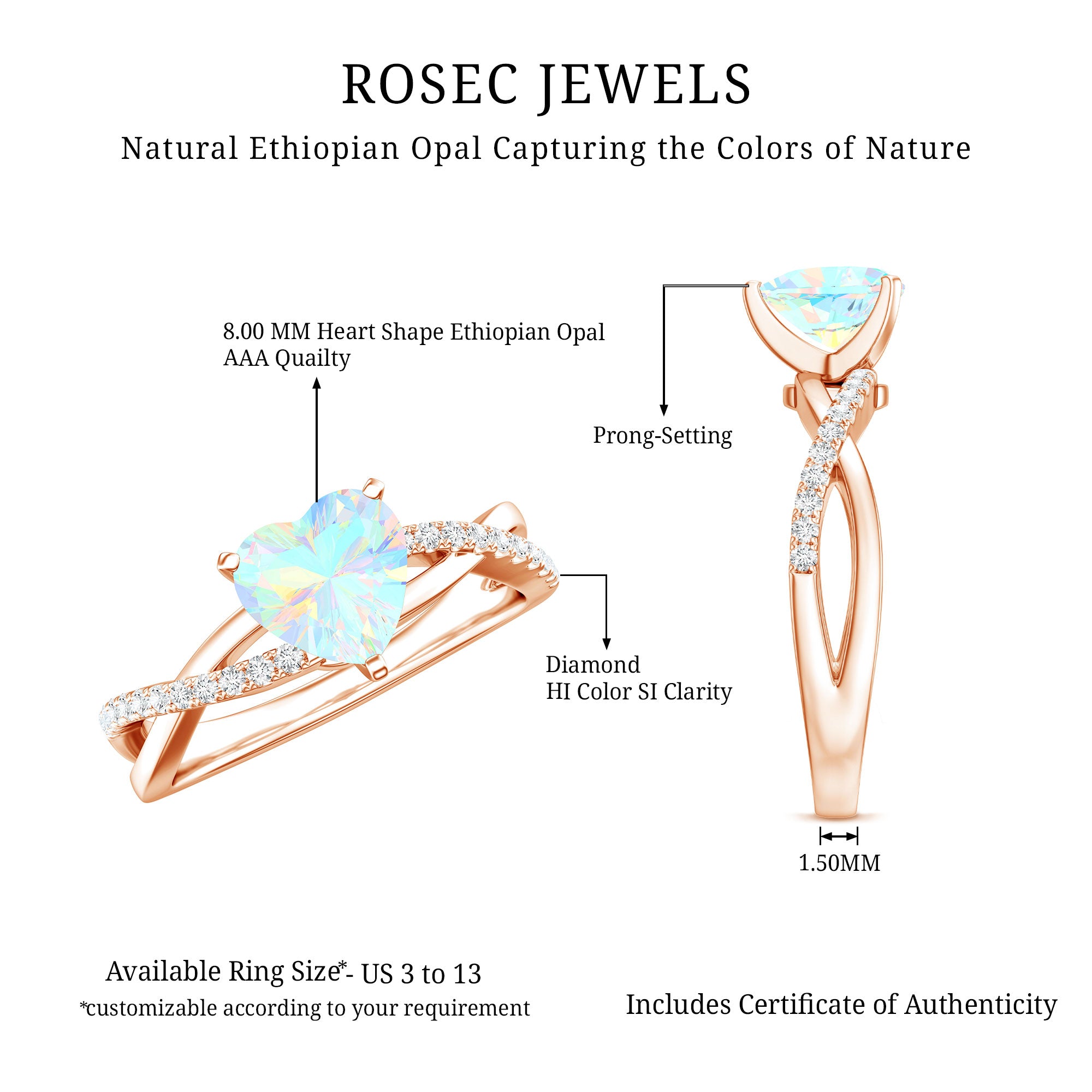 Natural 8mm Ethiopian Opal Heart Shaped Engagement Ring With Certificate AAA - Rosec Jewels