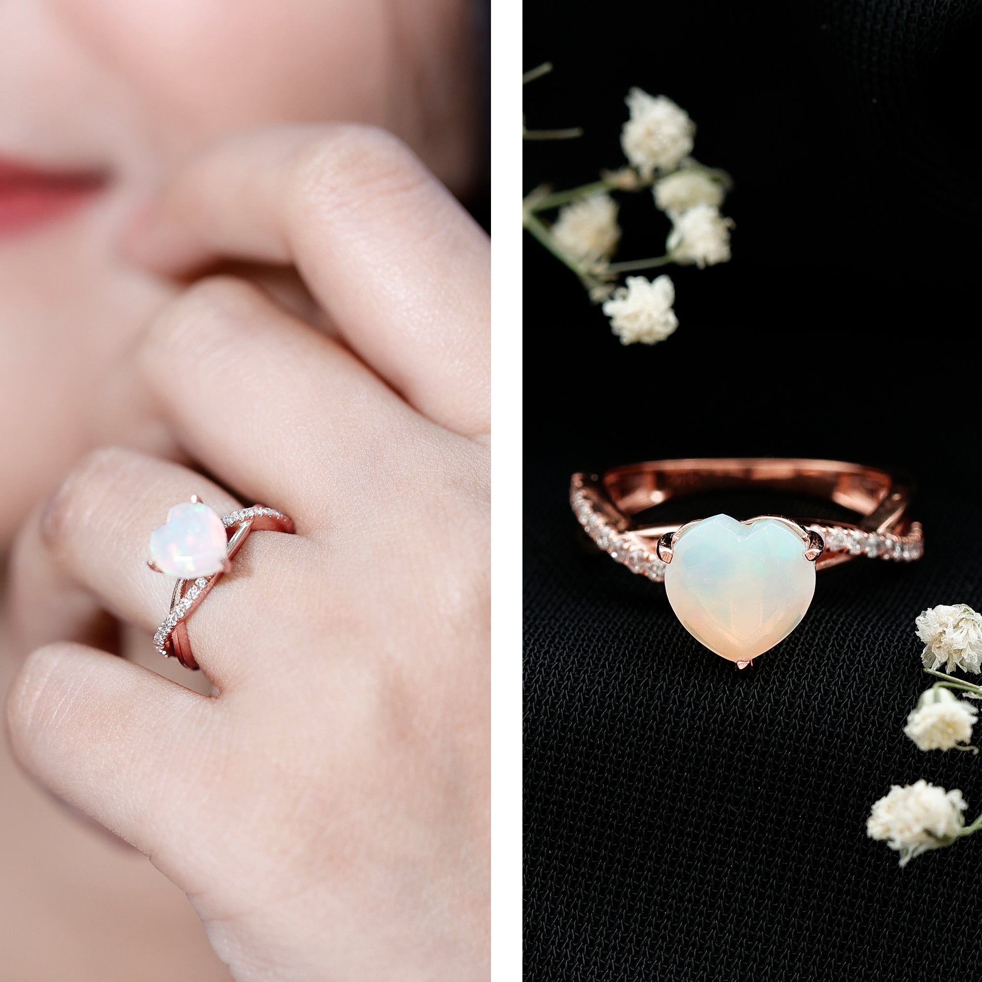 Natural 8mm Ethiopian Opal Heart Shaped Engagement Ring With Certificate AAA - Rosec Jewels