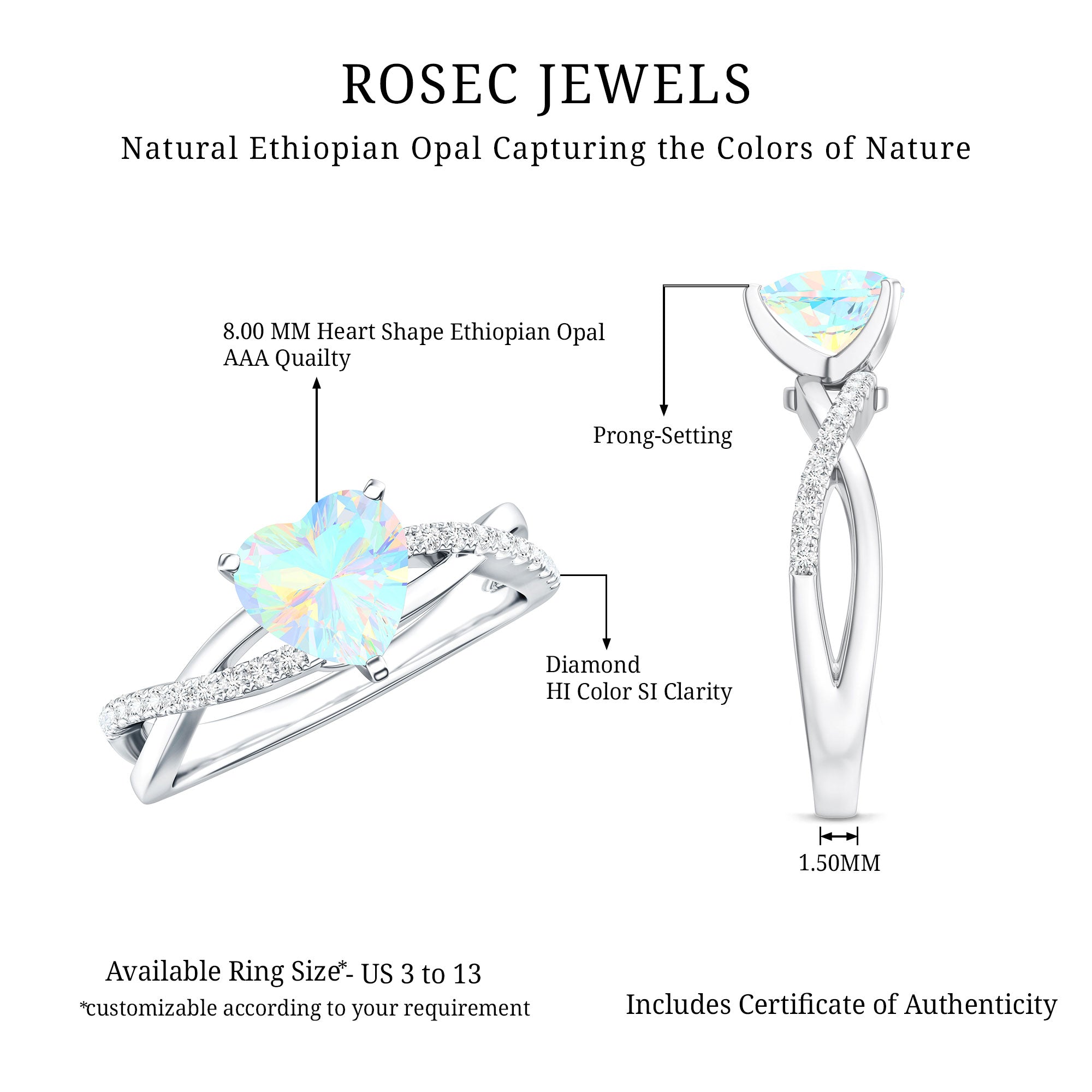 Natural 8mm Ethiopian Opal Heart Shaped Engagement Ring With Certificate AAA - Rosec Jewels