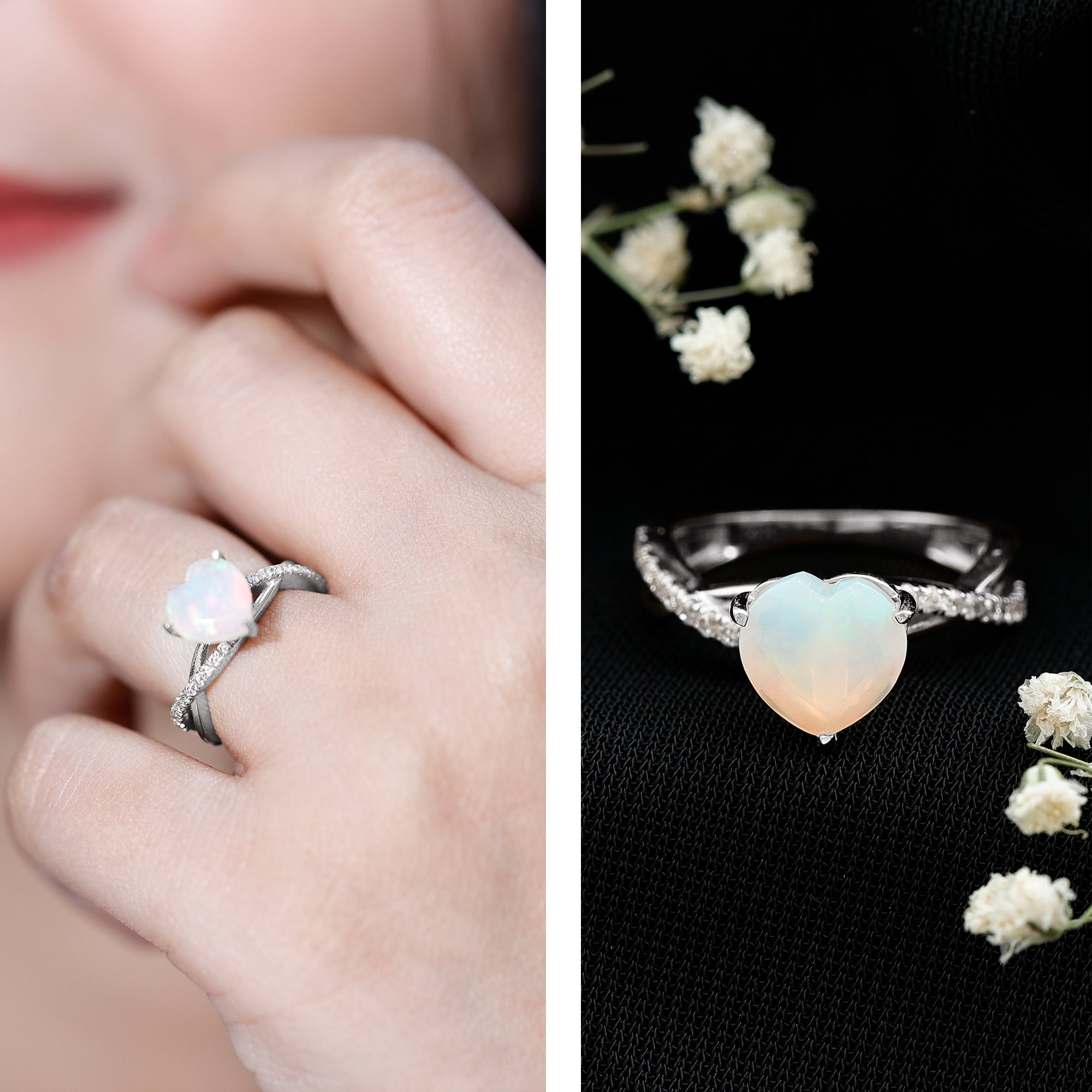 Natural 8mm Ethiopian Opal Heart Shaped Engagement Ring With Certificate AAA - Rosec Jewels