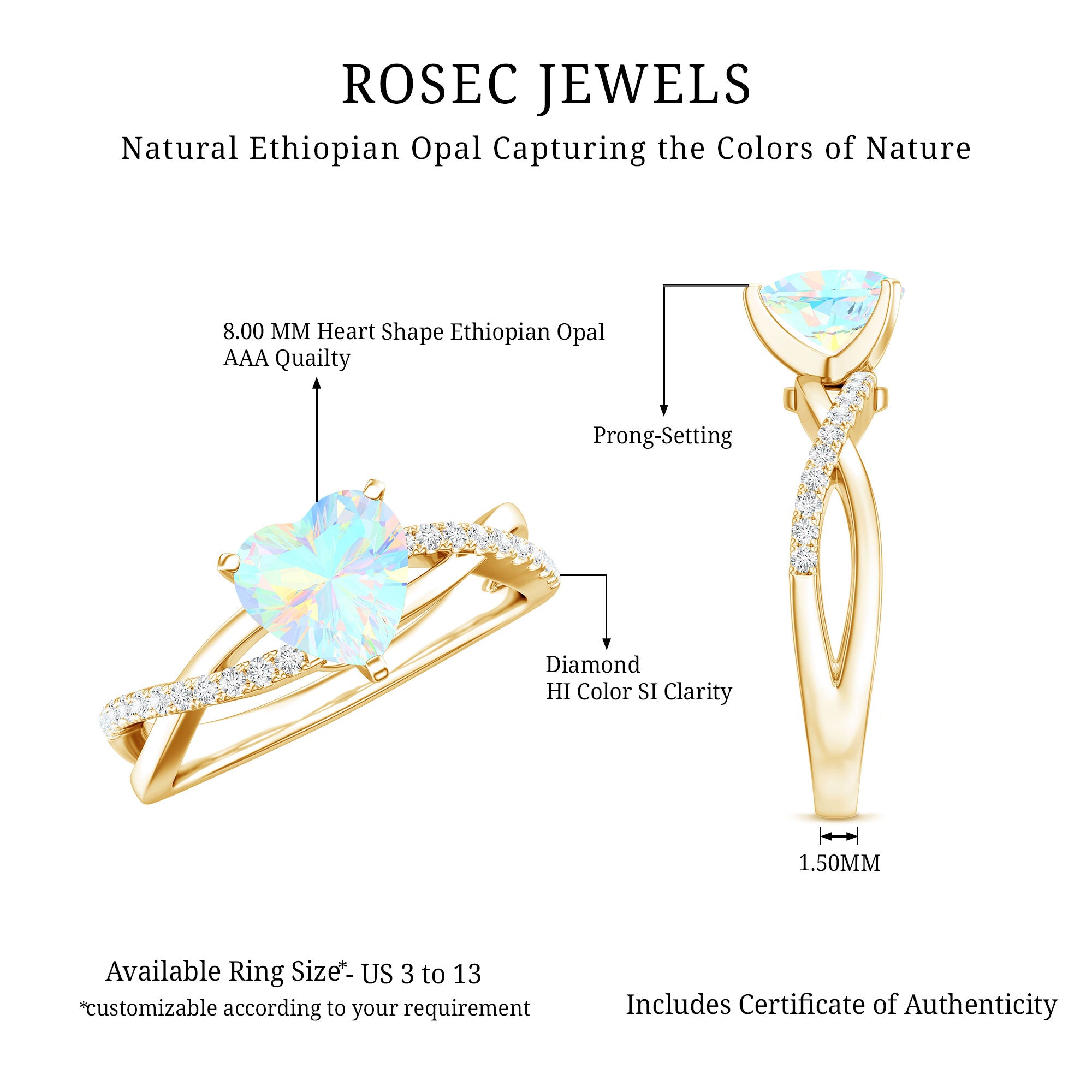 Natural 8mm Ethiopian Opal Heart Shaped Engagement Ring With Certificate AAA - Rosec Jewels