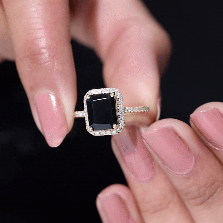 Emerald Cut 7X9MM Black Onyx and Diamond Engagement Ring AAA - Rosec Jewels