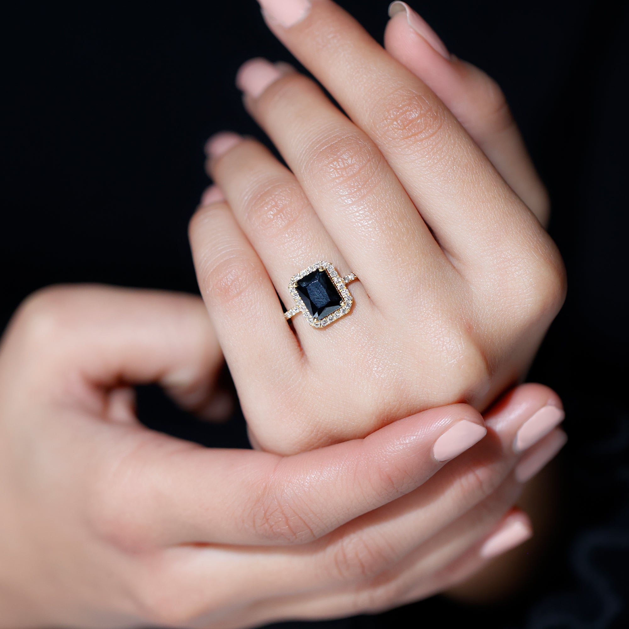 Emerald Cut 7X9MM Black Onyx and Diamond Engagement Ring AAA - Rosec Jewels