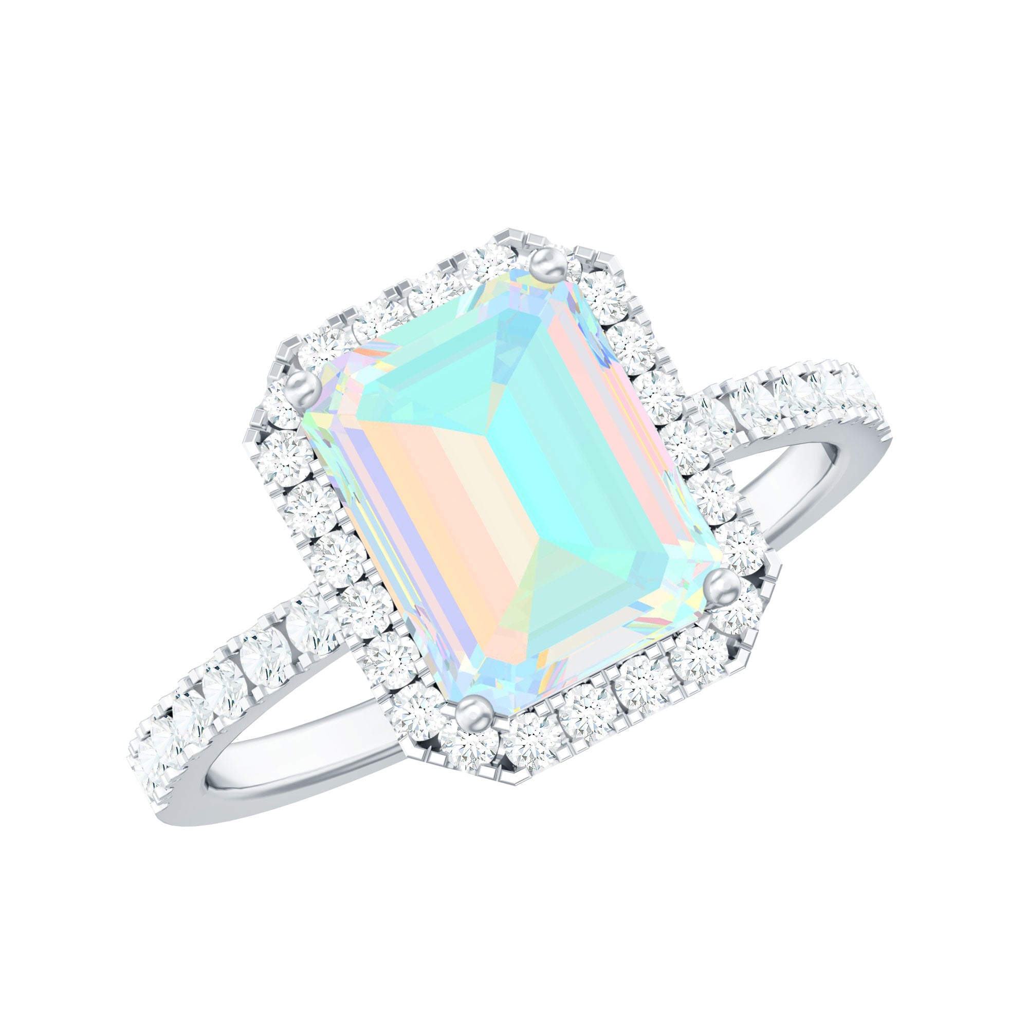 Genuine 6X8mm Ethiopian Opal Emerald Cut Engagement Ring with Diamond Halo