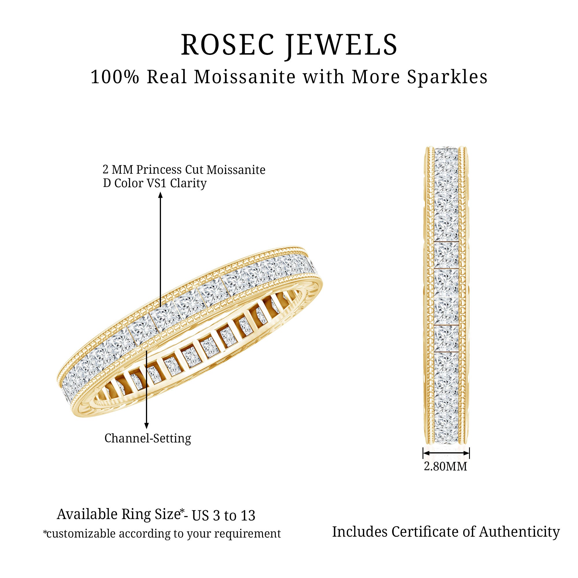 Channel Set Princess Cut Moissanite Eternity Band Ring D-VS1 - Rosec Jewels