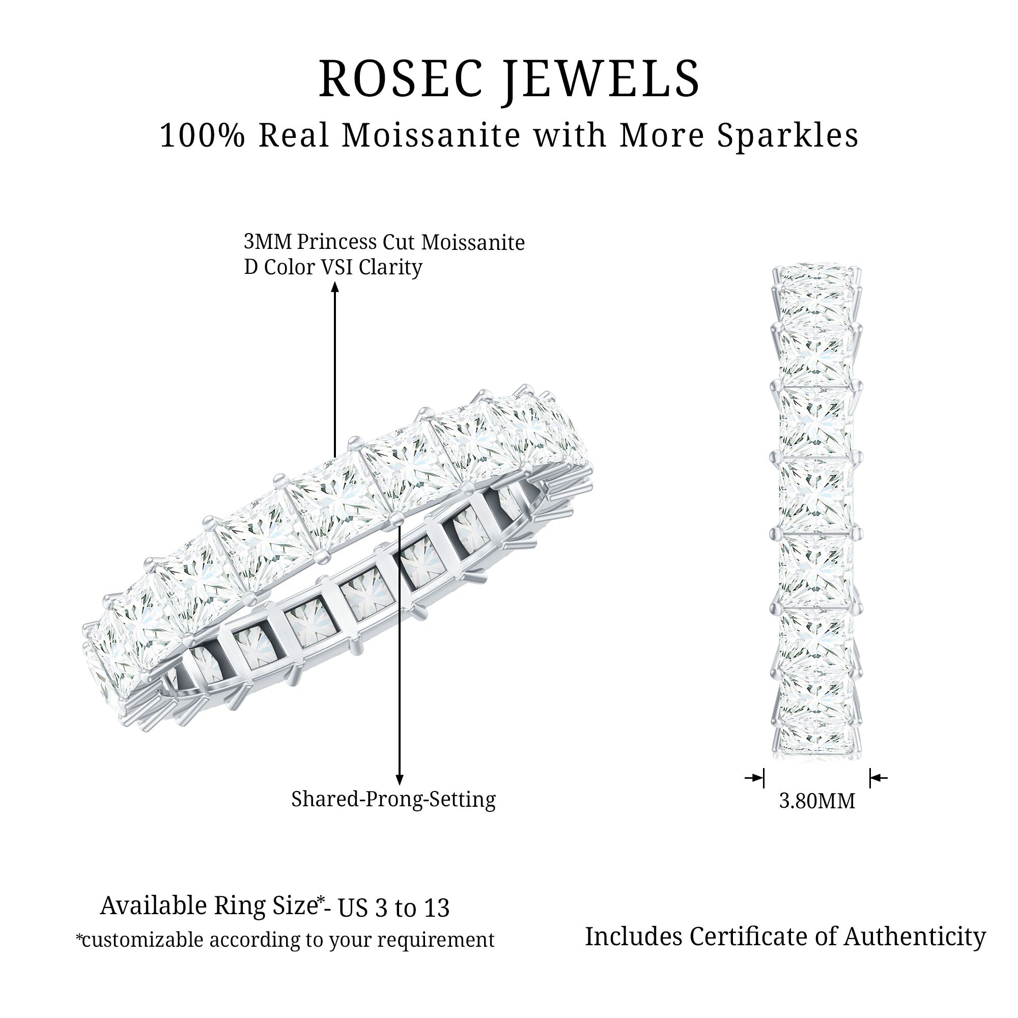 Princess Cut Moissanite Full Eternity Ring with Certificate D-VS1 - Rosec Jewels