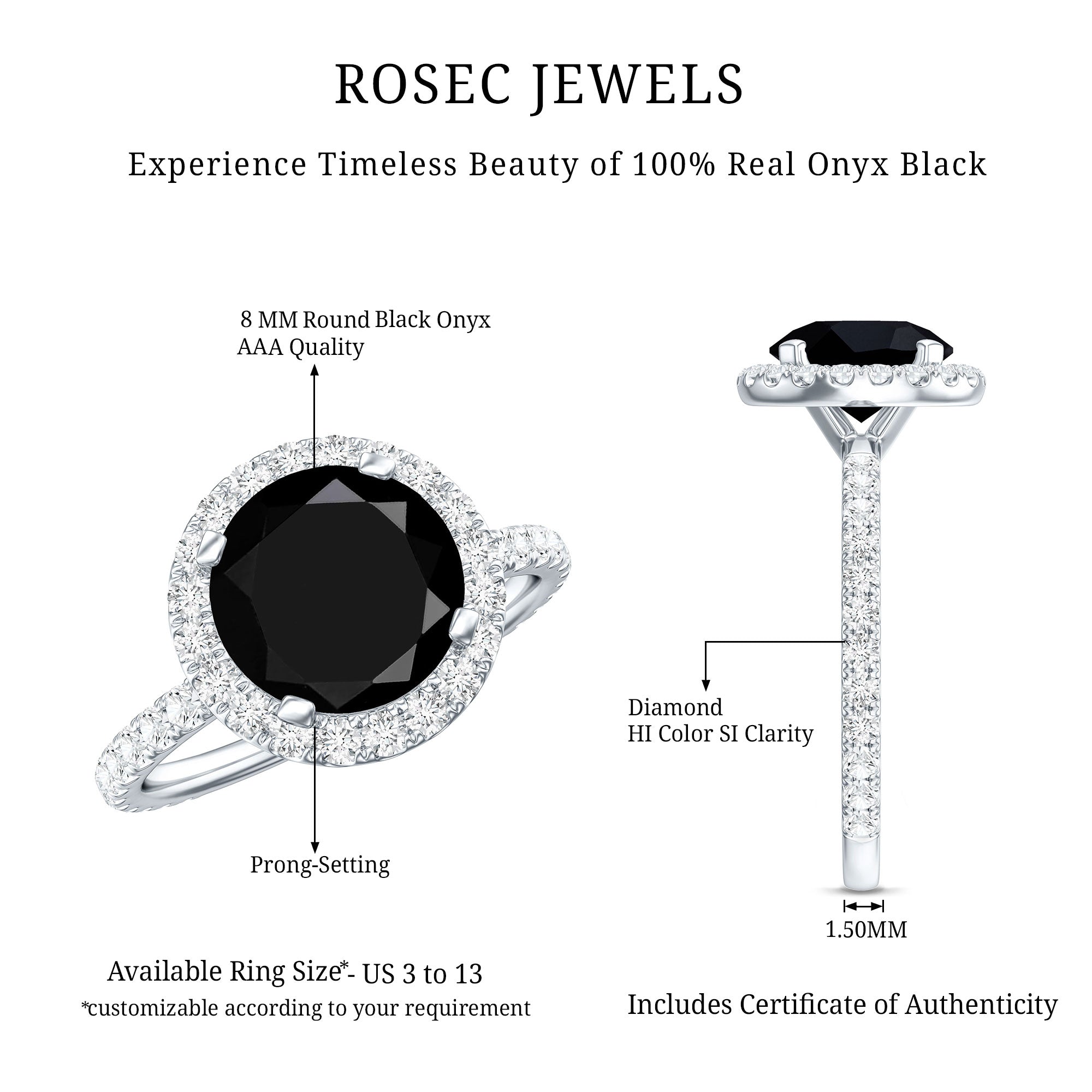 8mm Round Shape Black Onyx Engagement Ring with Diamond Halo AAA - Rosec Jewels