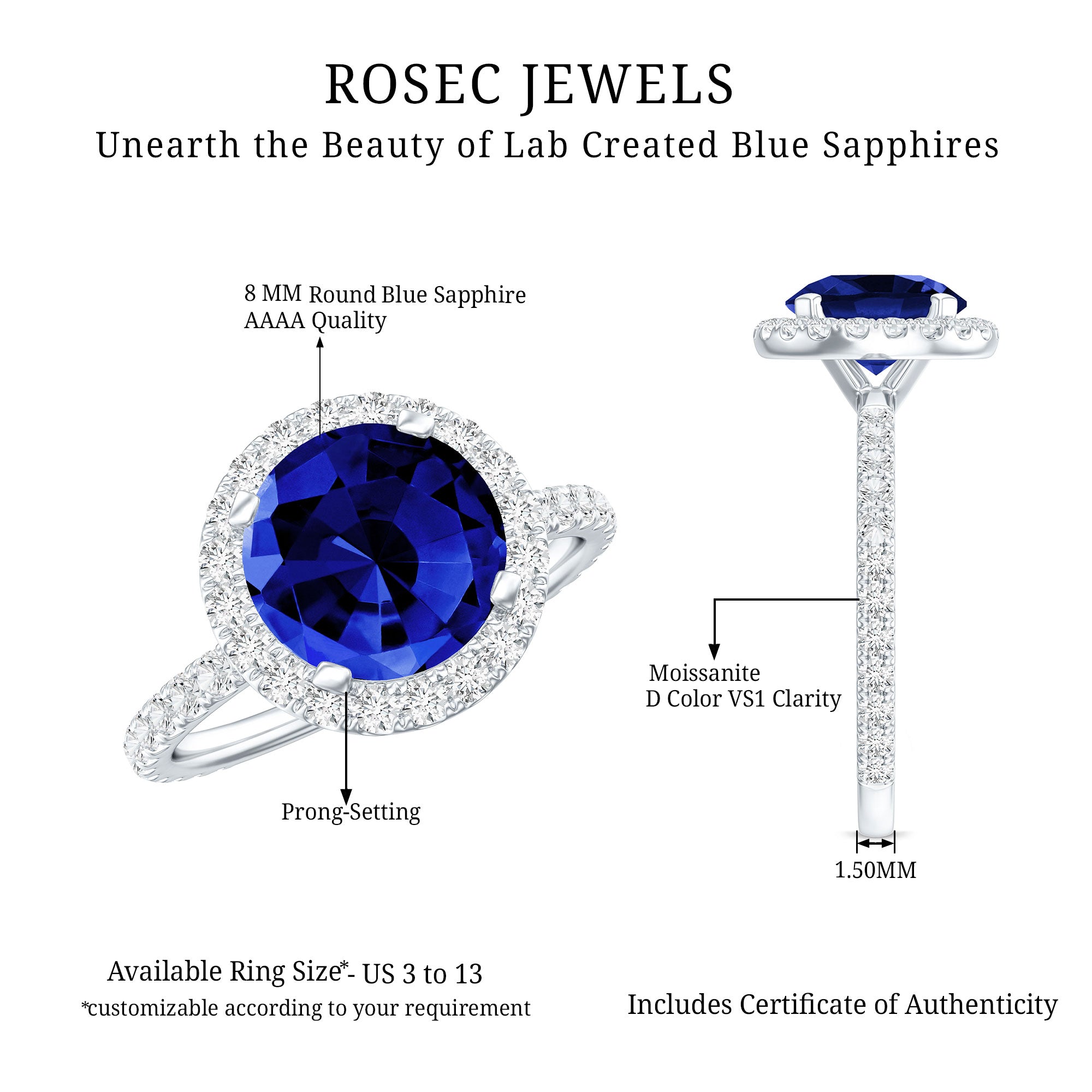 Certified 2.7 Carat Lab Grown Blue Sapphire Halo Engagement Ring with Moissanite AAAA - Rosec Jewels