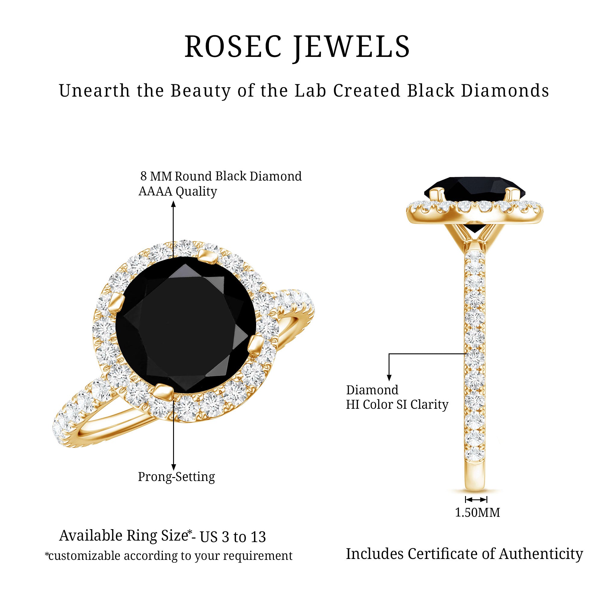 Certified 2 Carat Lab Grown Black and White Diamond Engagement Ring with Halo AAAA ( Synthetic ) - Rosec Jewels