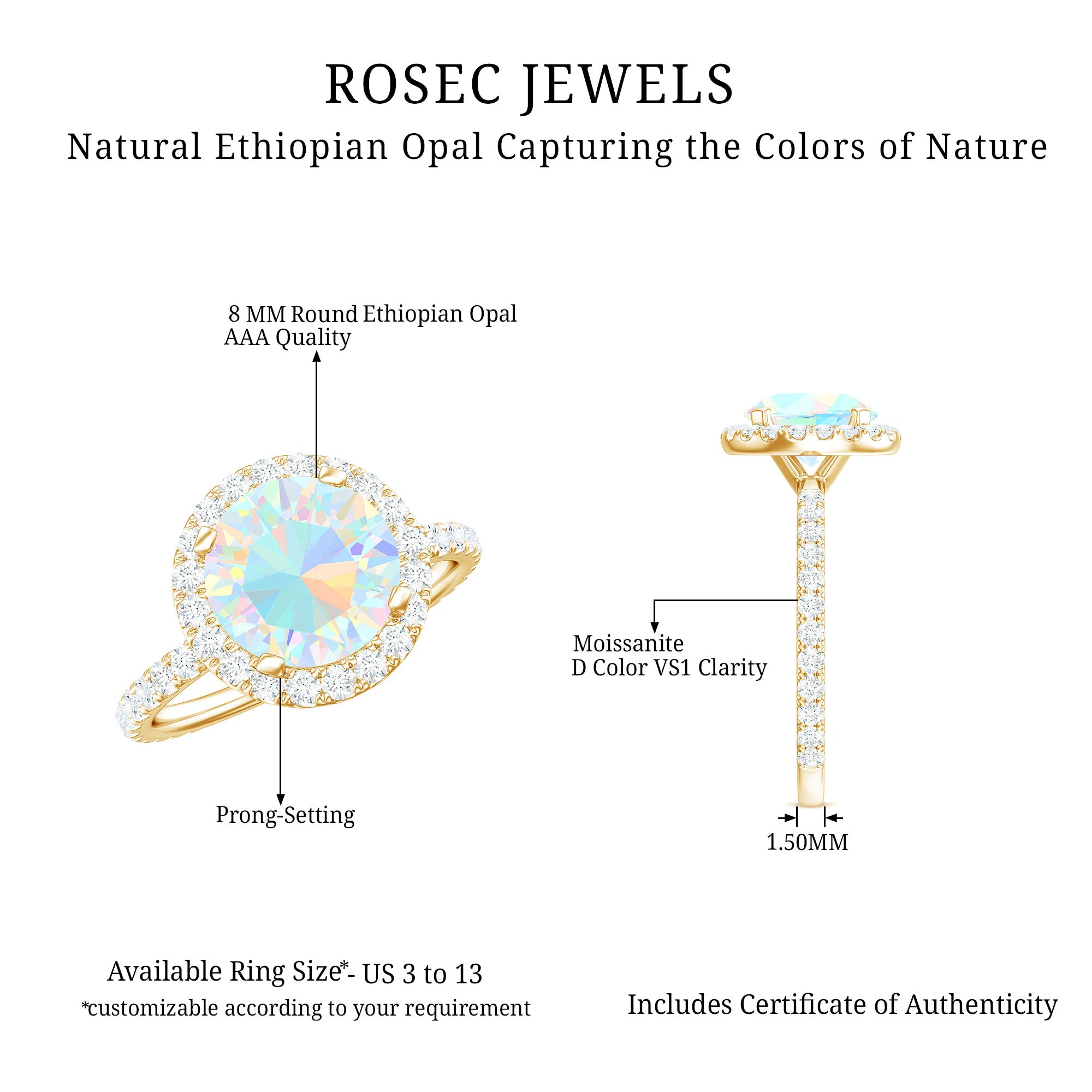Certified Genuine 8mm Ethiopian Opal Engagement Ring with Halo AAA - Rosec Jewels