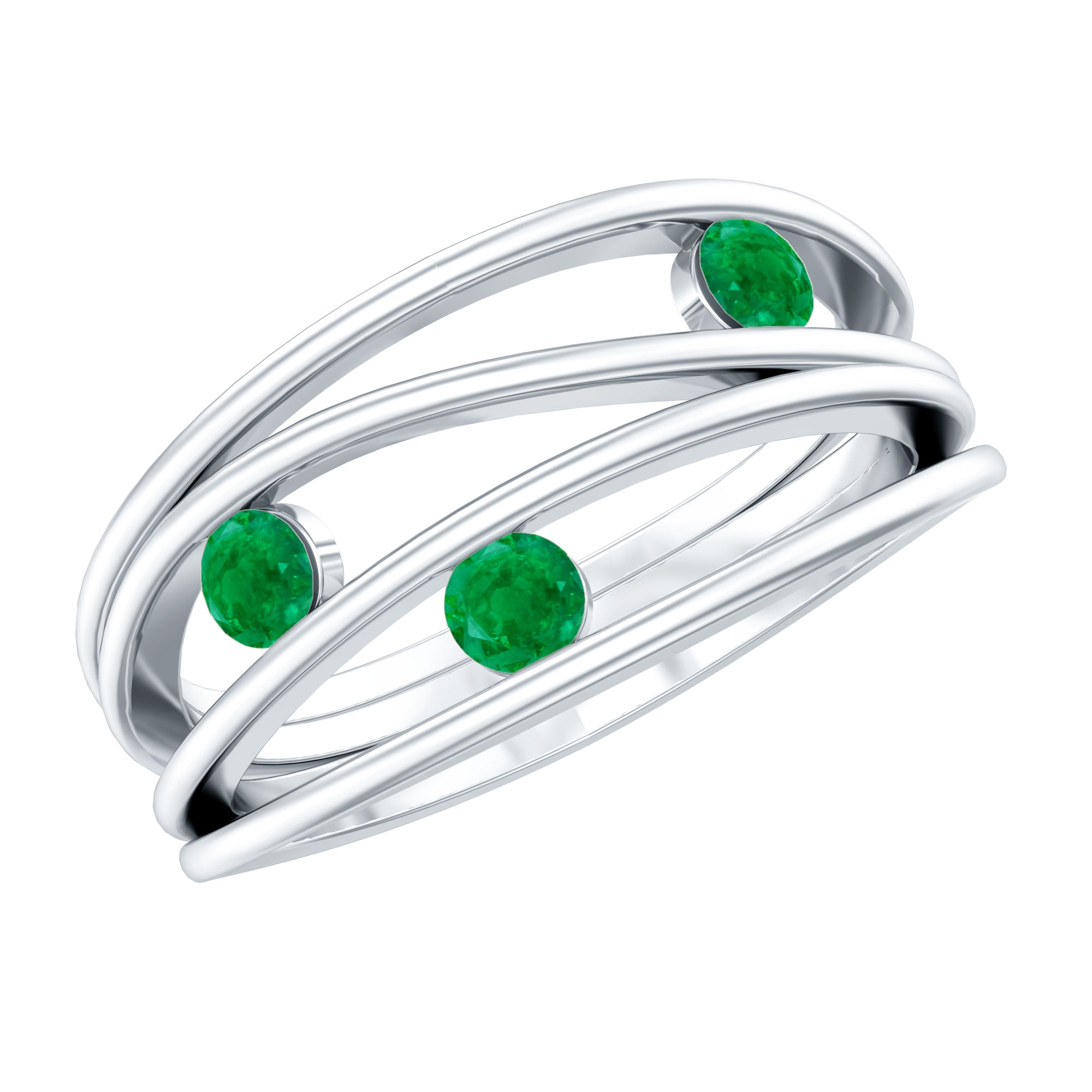 Contemporary Emerald Three Stone Ring in Split Shank
