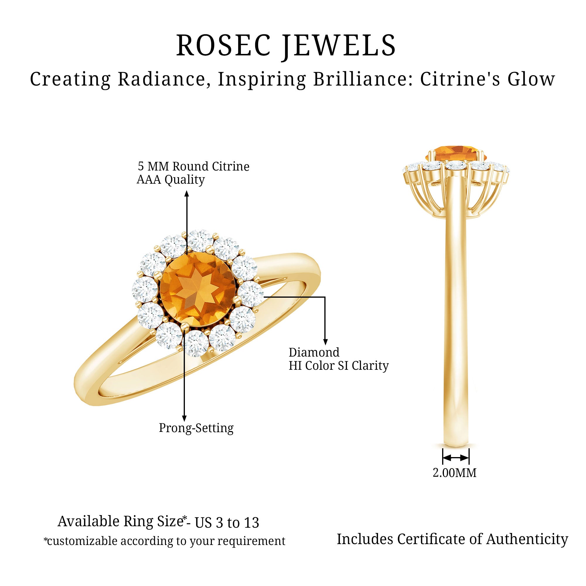 Natural Citrine Promise Ring with Diamond Halo AAA - Rosec Jewels
