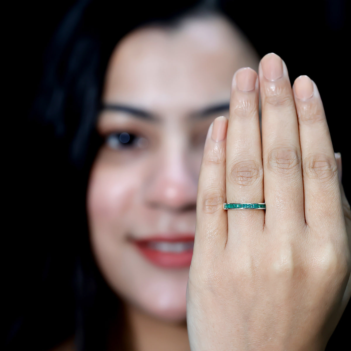 Real Emerald Princess Cut Half Eternity Ring AAA - Rosec Jewels