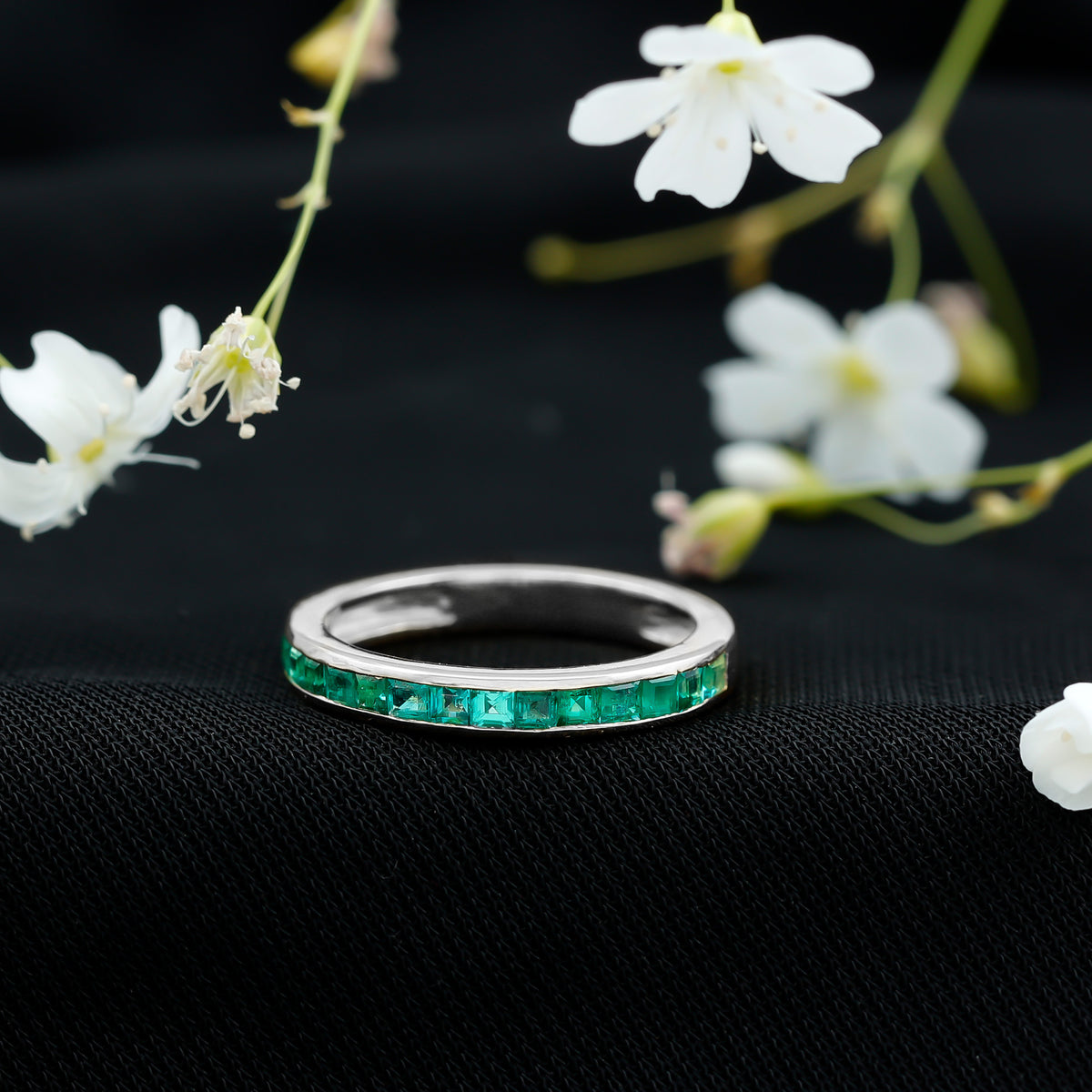 Real Emerald Princess Cut Half Eternity Ring AAA - Rosec Jewels