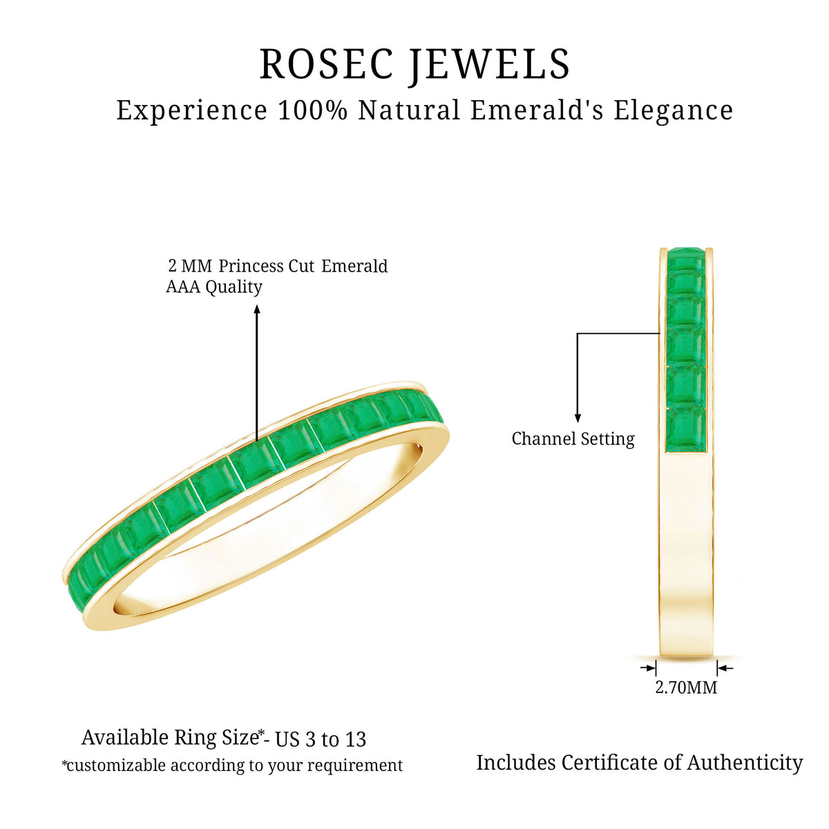 Real Emerald Princess Cut Half Eternity Ring AAA - Rosec Jewels