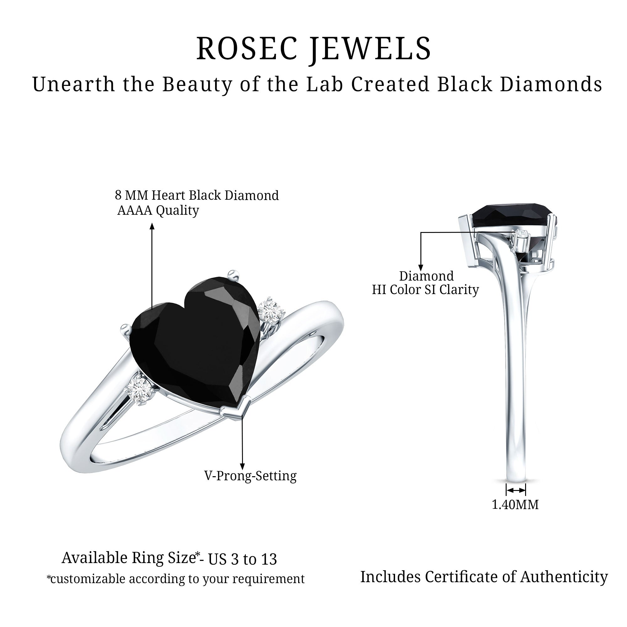 Certified 2.4 Carat Lab Grown Black and White Diamond Heart Engagement Ring with Bypass Shank AAAA ( Synthetic ) - Rosec Jewels