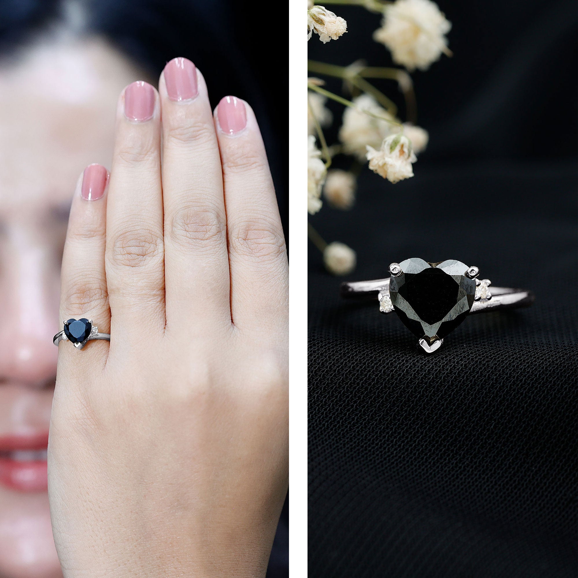 Certified 2.4 Carat Lab Grown Black and White Diamond Heart Engagement Ring with Bypass Shank AAAA ( Synthetic ) - Rosec Jewels