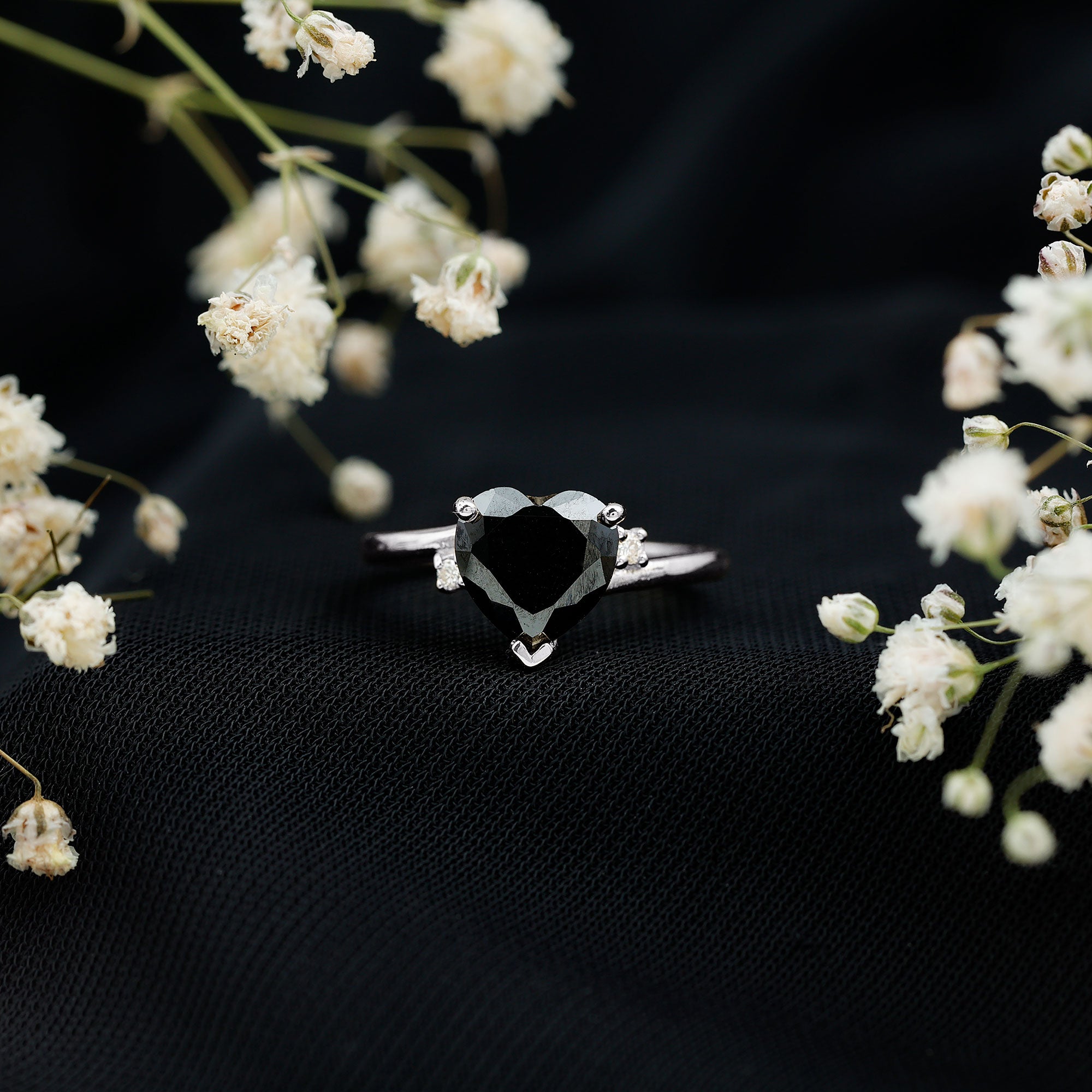 Certified 2.4 Carat Lab Grown Black and White Diamond Heart Engagement Ring with Bypass Shank AAAA ( Synthetic ) - Rosec Jewels