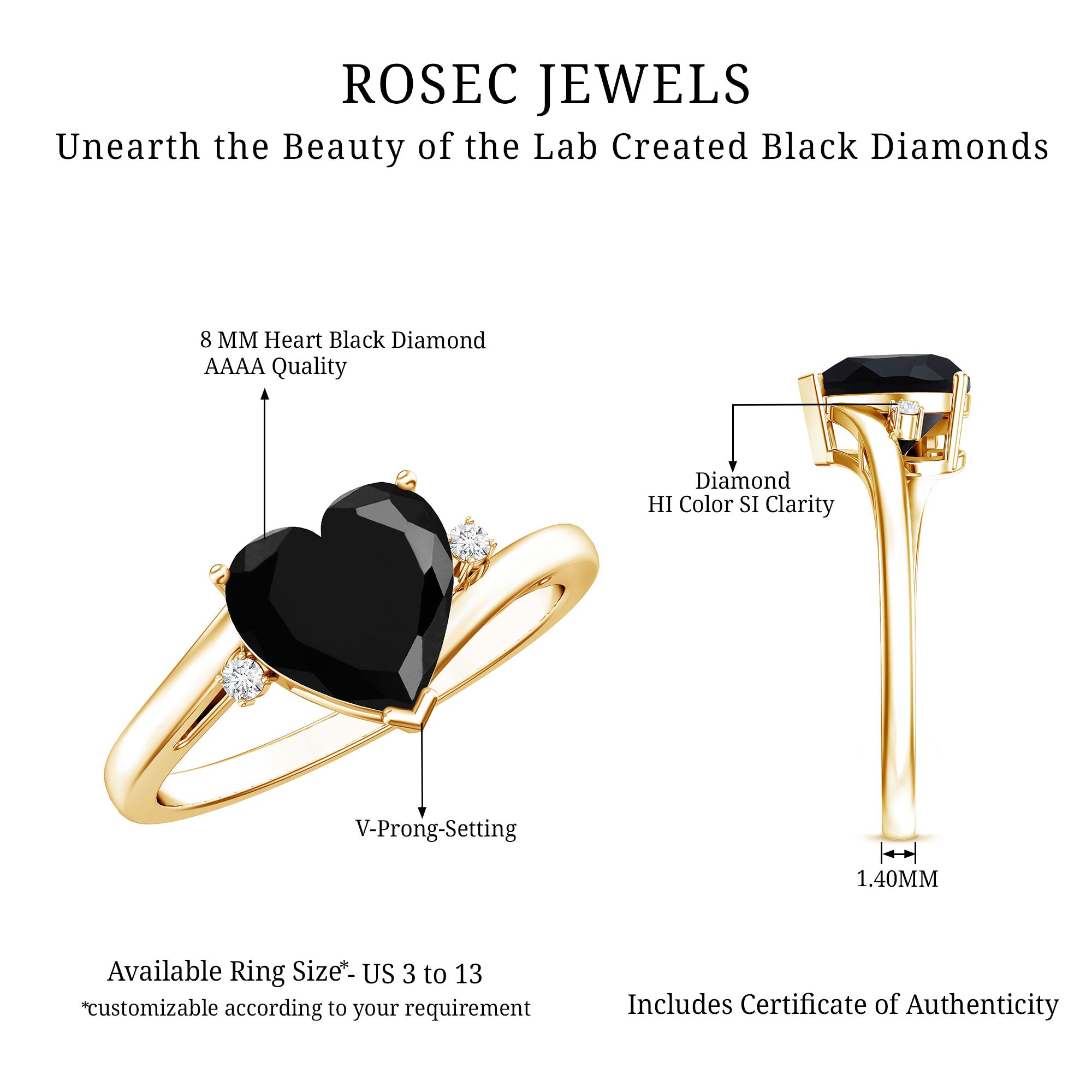 Certified 2.4 Carat Lab Grown Black and White Diamond Heart Engagement Ring with Bypass Shank AAAA ( Synthetic ) - Rosec Jewels