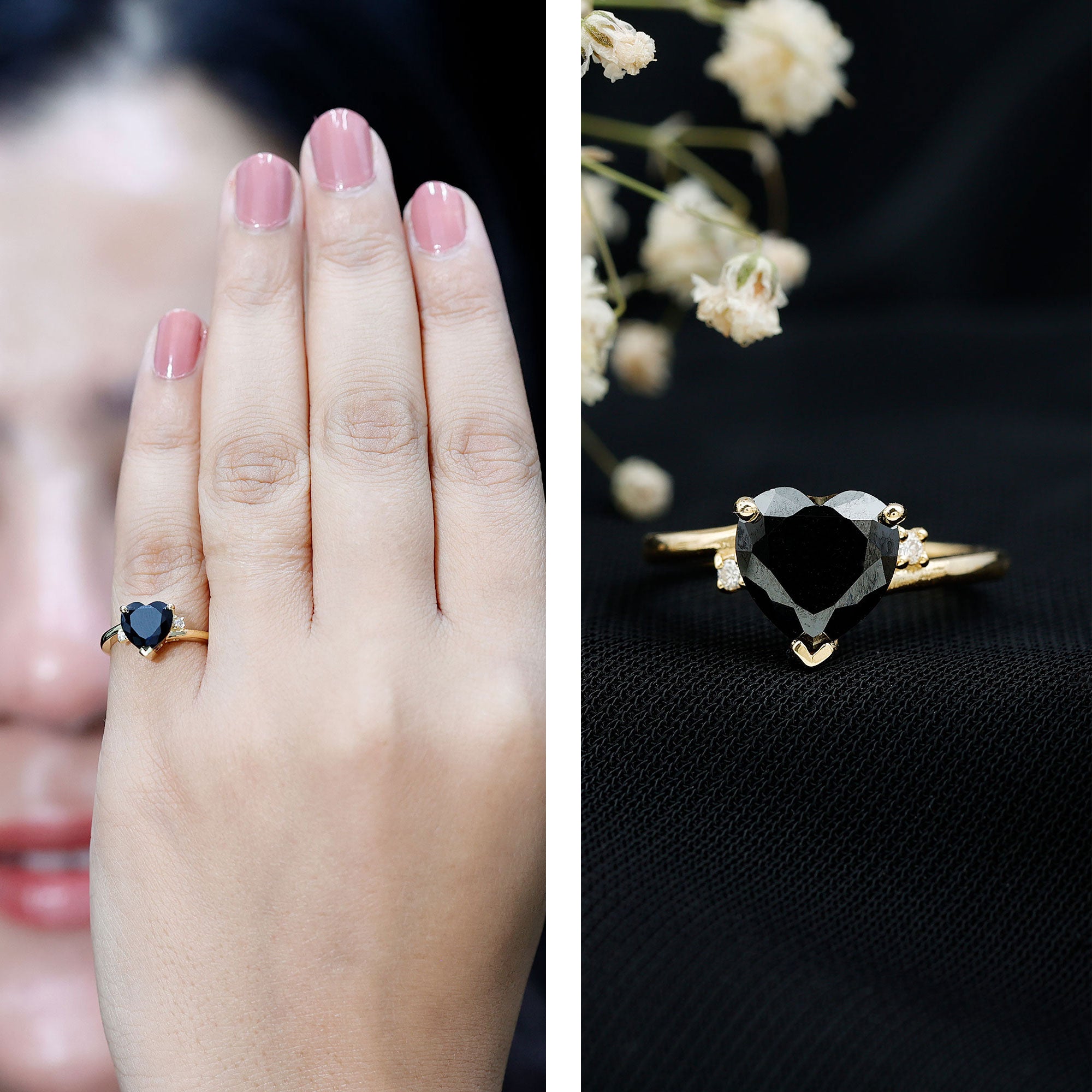 Certified 2.4 Carat Lab Grown Black and White Diamond Heart Engagement Ring with Bypass Shank AAAA ( Synthetic ) - Rosec Jewels