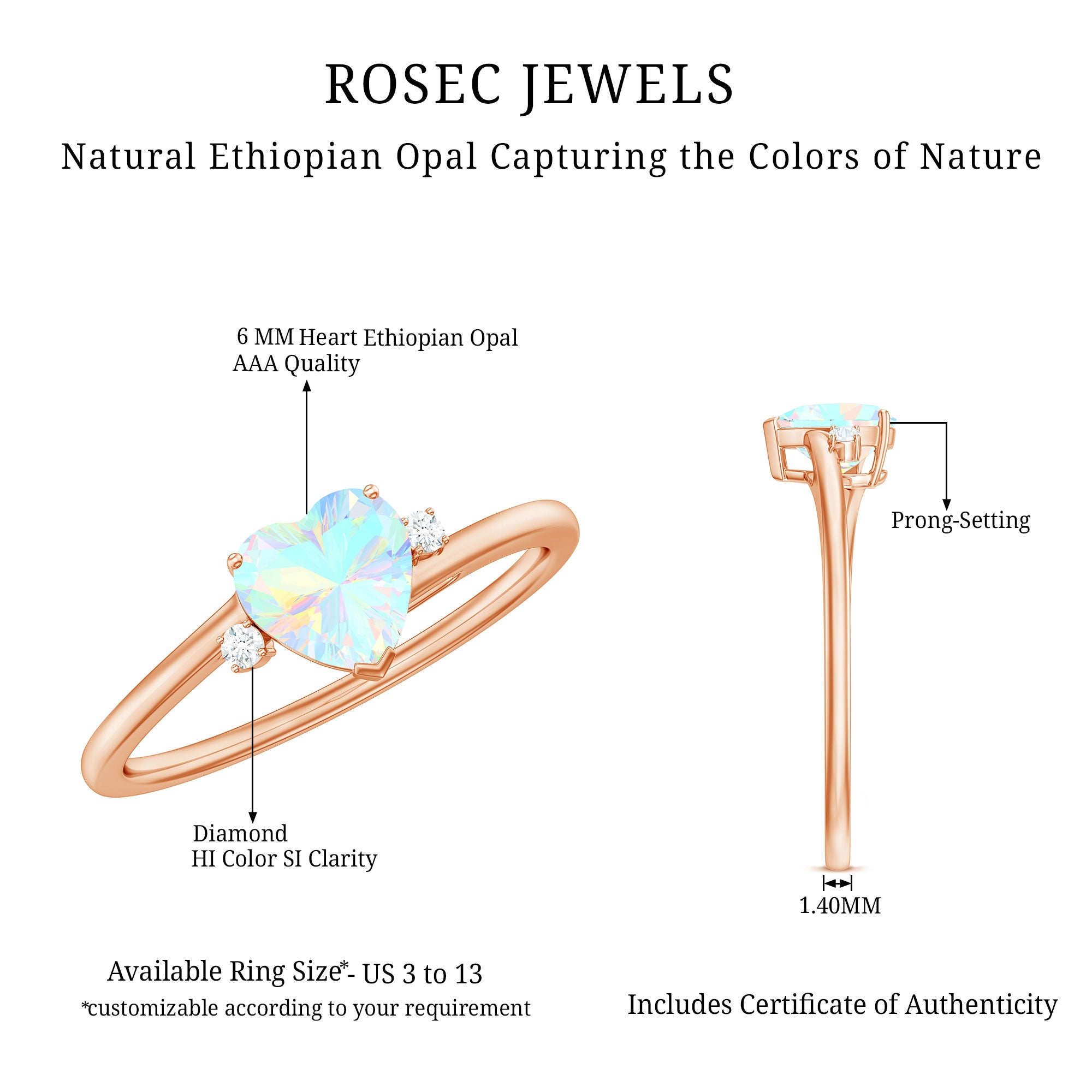 Genuine 6mm Ethiopian Opal Diamond Heart Shaped Promise Ring with Bypass Shank AAA - Rosec Jewels
