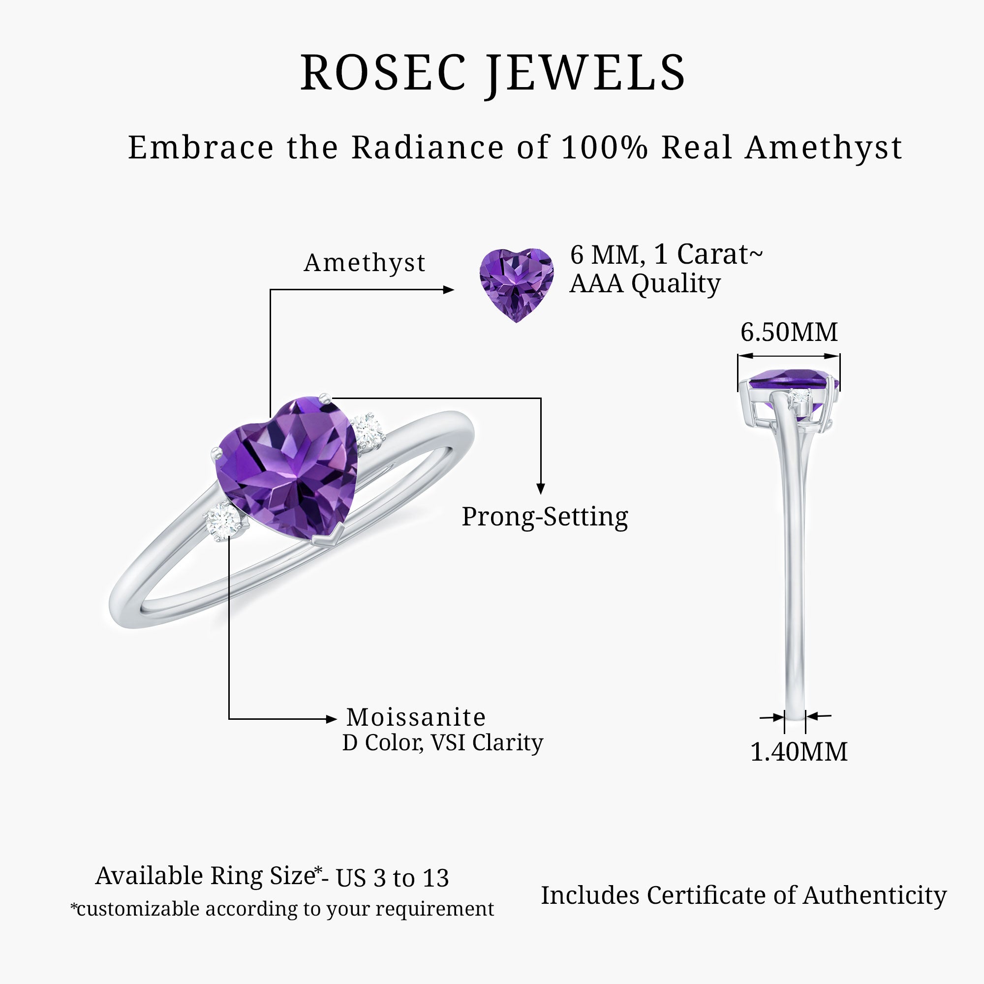 1 CT Heart Shape Amethyst Solitaire Promise Ring with Moissanite in Silver - Rosec Jewels