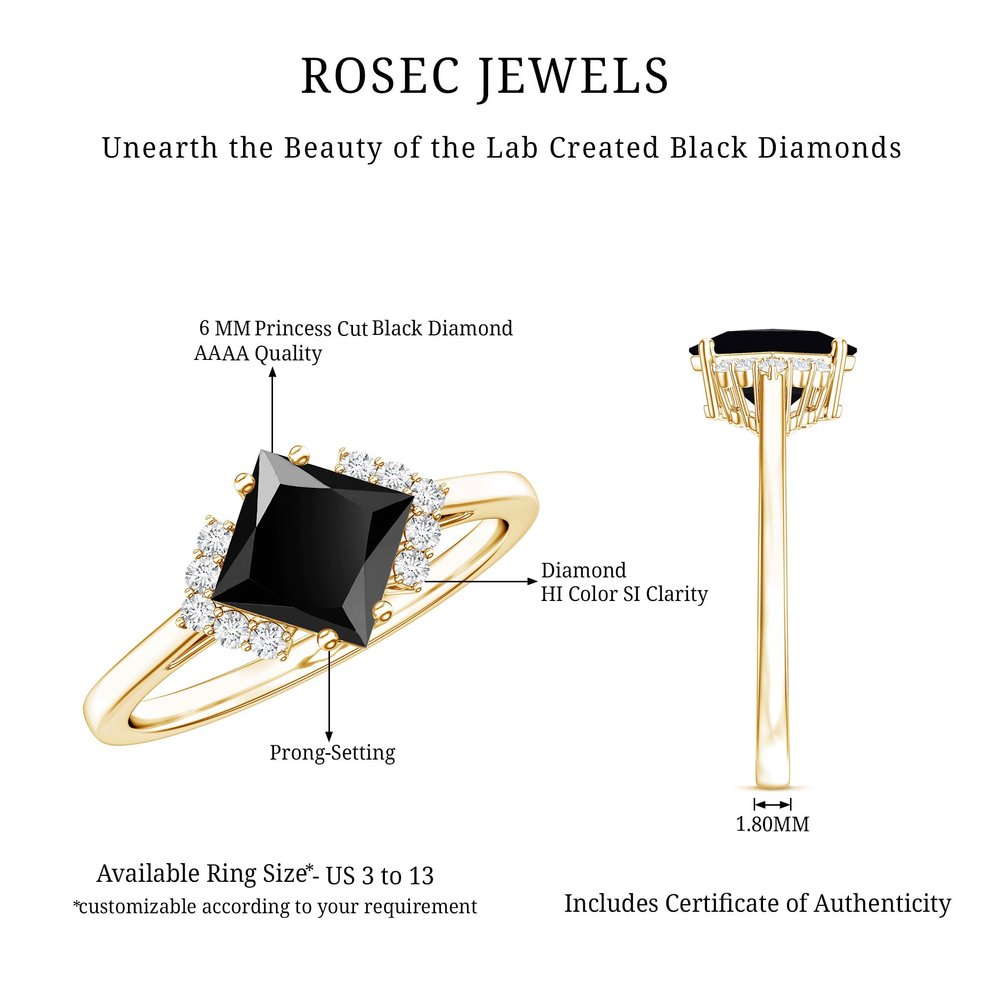 1 Carat Lab Grown Black and White Diamond Princess Cut Engagement Ring AAAA ( Synthetic ) - Rosec Jewels