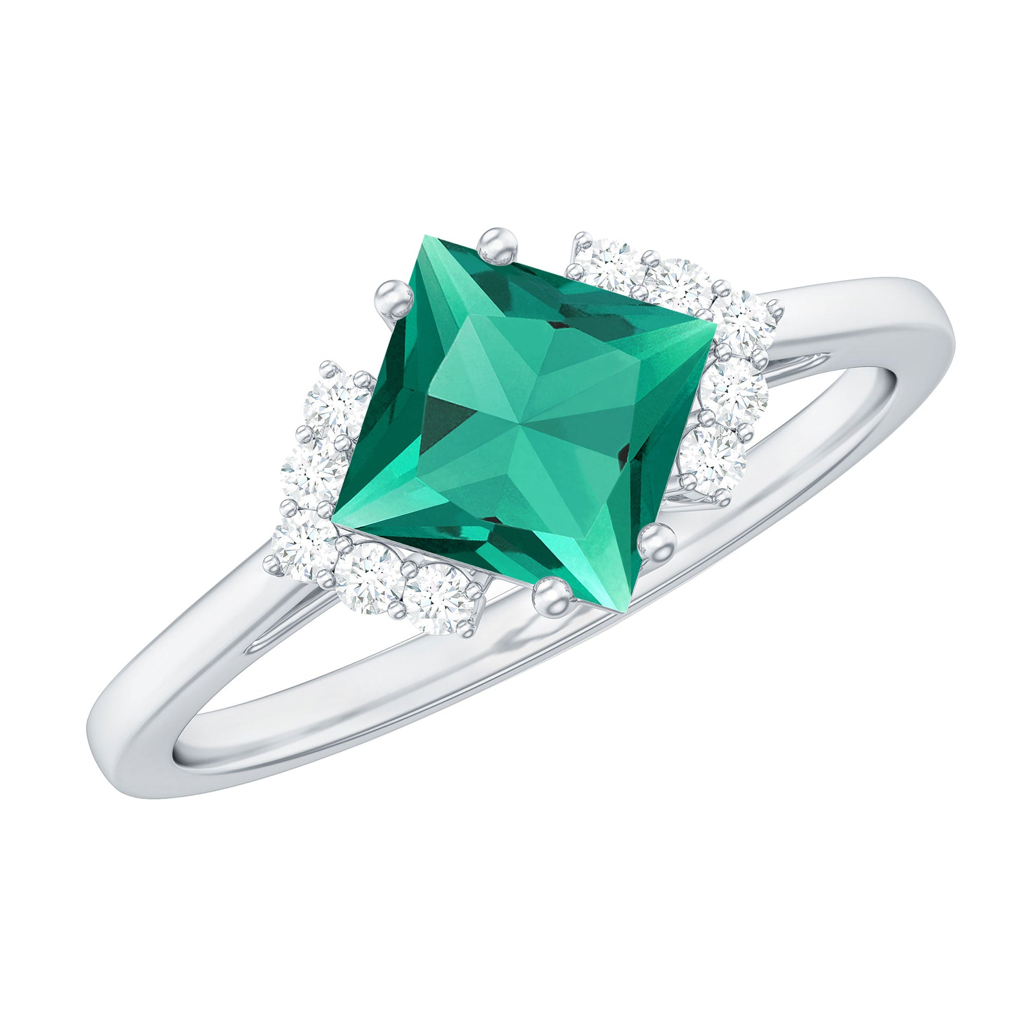 Certified 8 mm Lab Grown Emerald Princess Cut Engagement Ring with Diamond