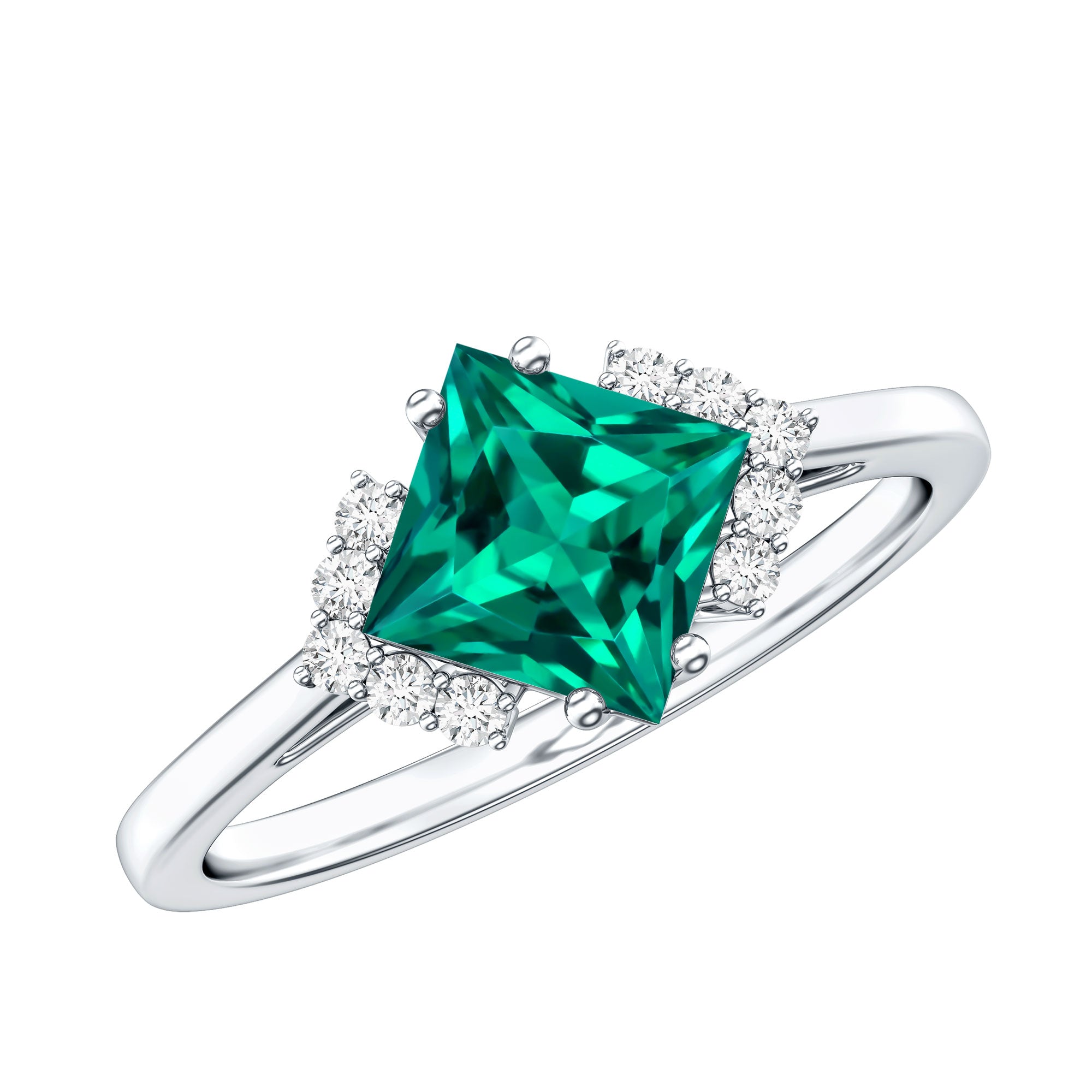 Certified 8 mm Lab Grown Emerald Princess Cut Engagement Ring with Diamond AAAA - Rosec Jewels