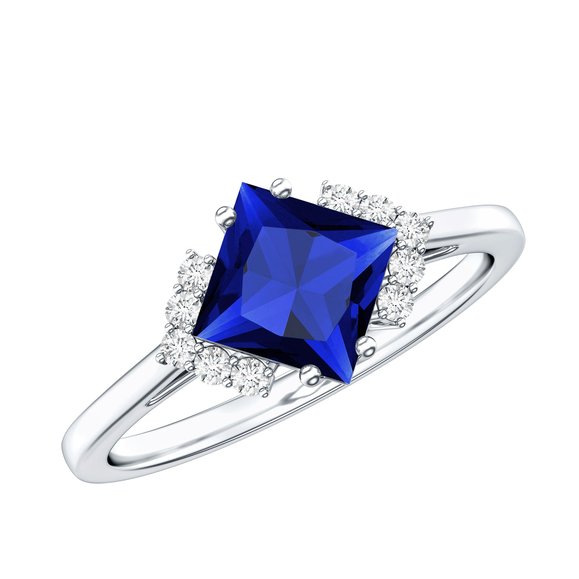 Certified 1.5 Carat Princess Cut Lab Grown Blue Sapphire Engagement Ring with Diamond AAAA - Rosec Jewels