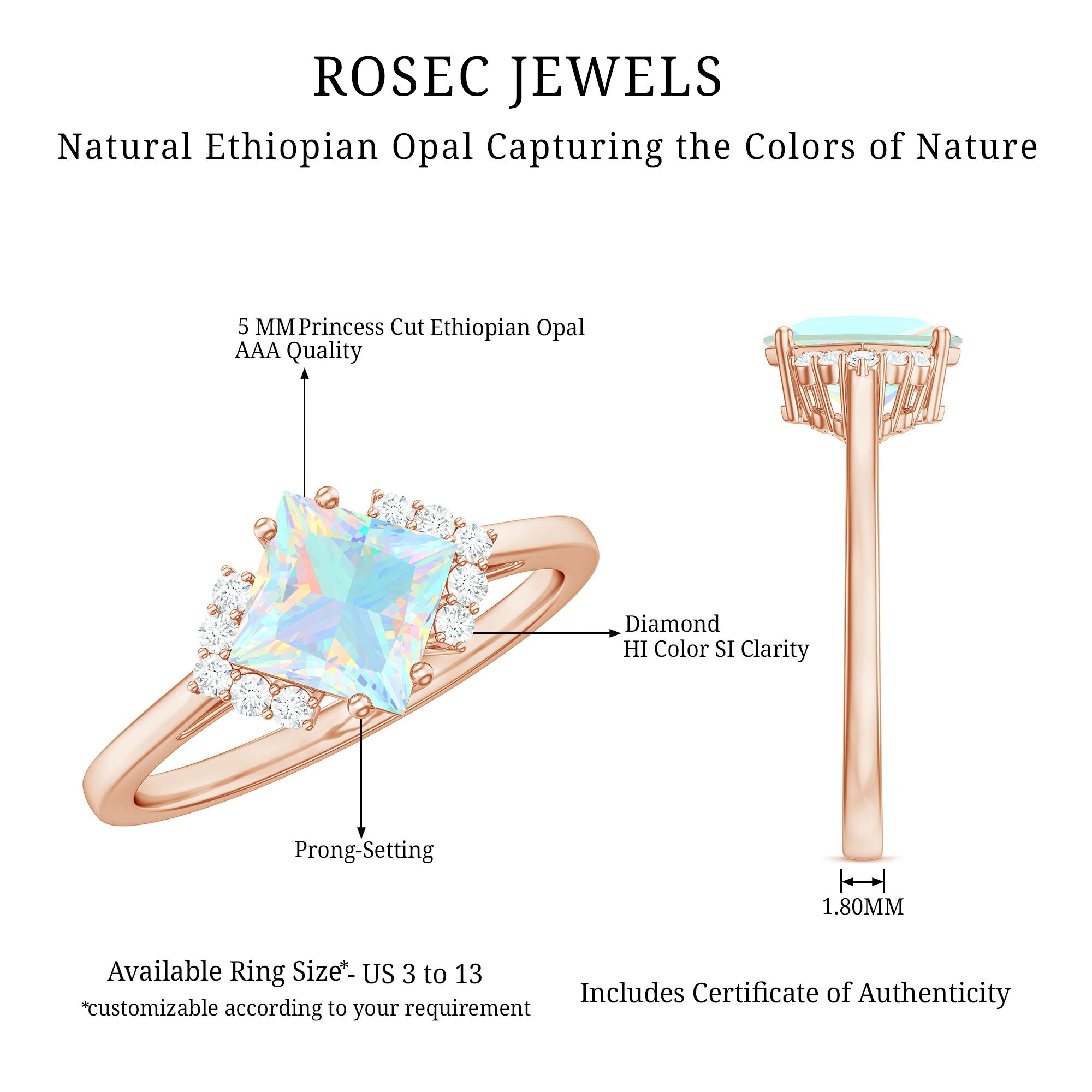 Natural Ethiopian Opal Princess Cut Engagement Ring with Diamond AAA - Rosec Jewels