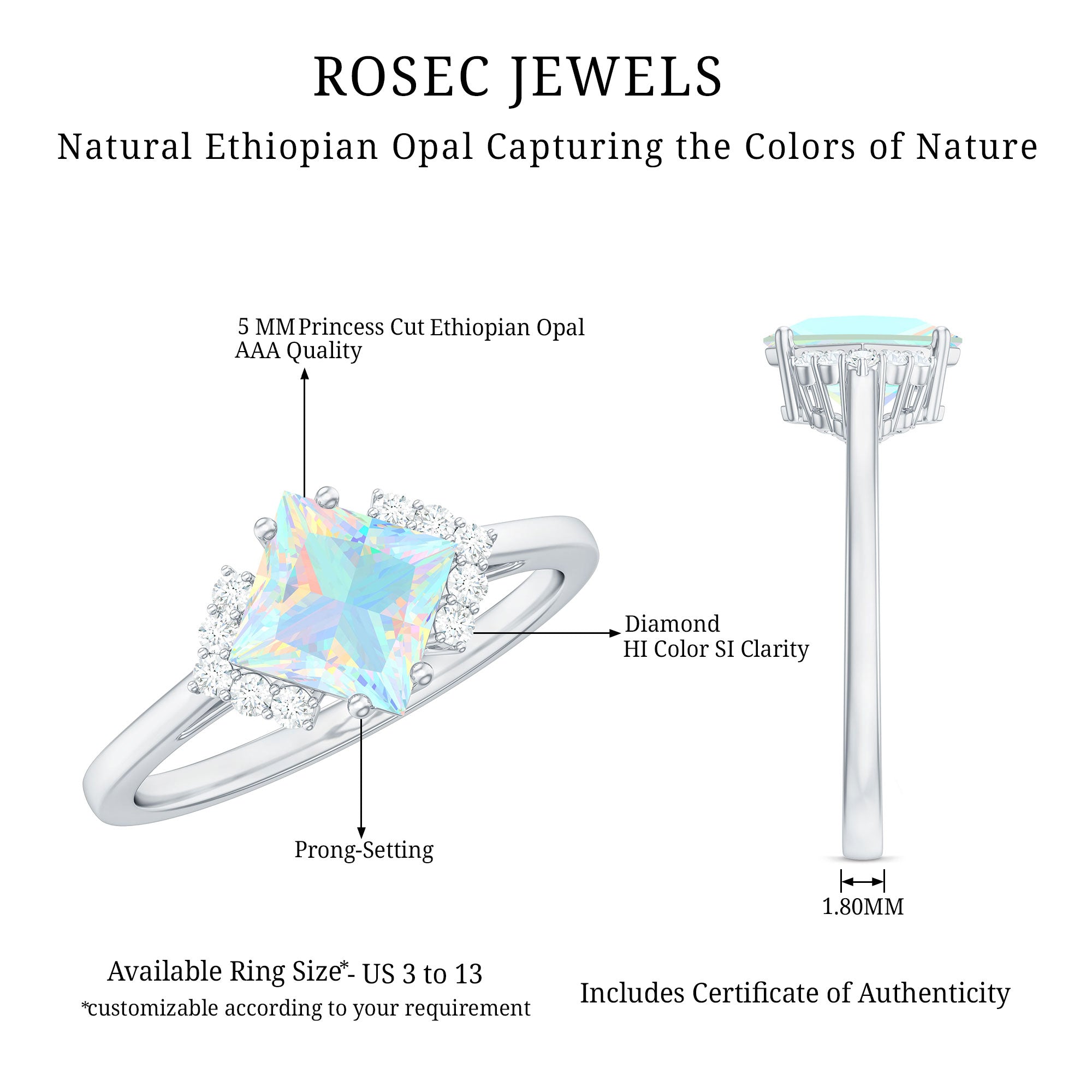 Natural Ethiopian Opal Princess Cut Engagement Ring with Diamond AAA - Rosec Jewels