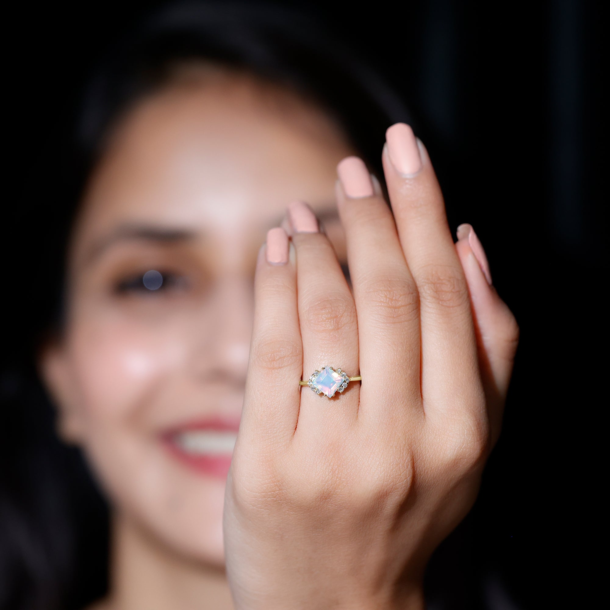 Natural Ethiopian Opal Princess Cut Engagement Ring with Diamond AAA - Rosec Jewels