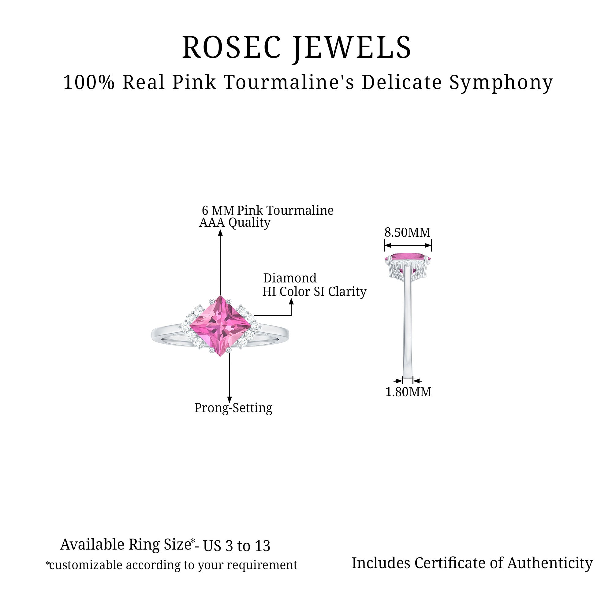 Princess Cut Pink Tourmaline Engagement Ring with Diamond Accent AAA - Rosec Jewels