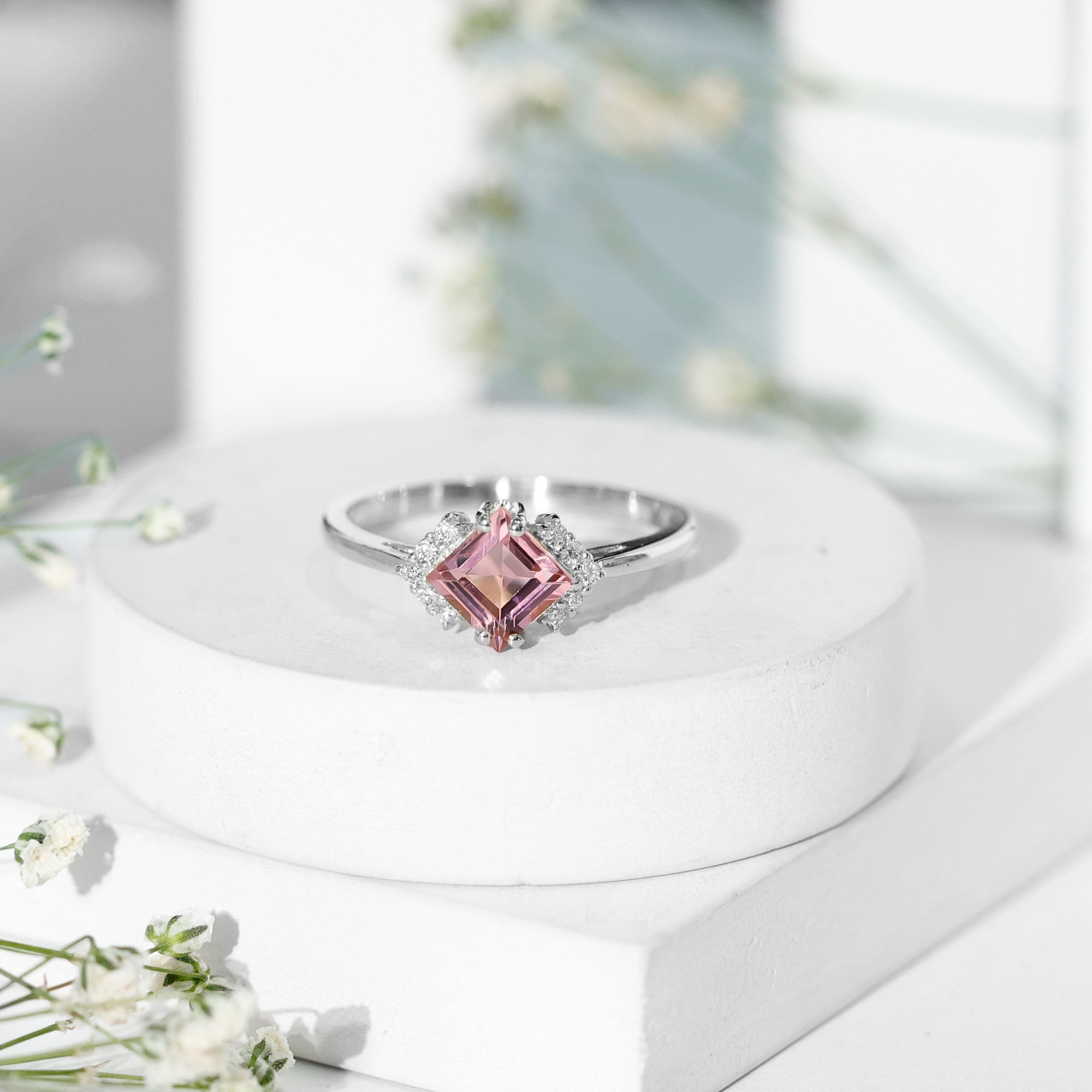 Princess Cut Pink Tourmaline Engagement Ring with Diamond Accent AAA - Rosec Jewels