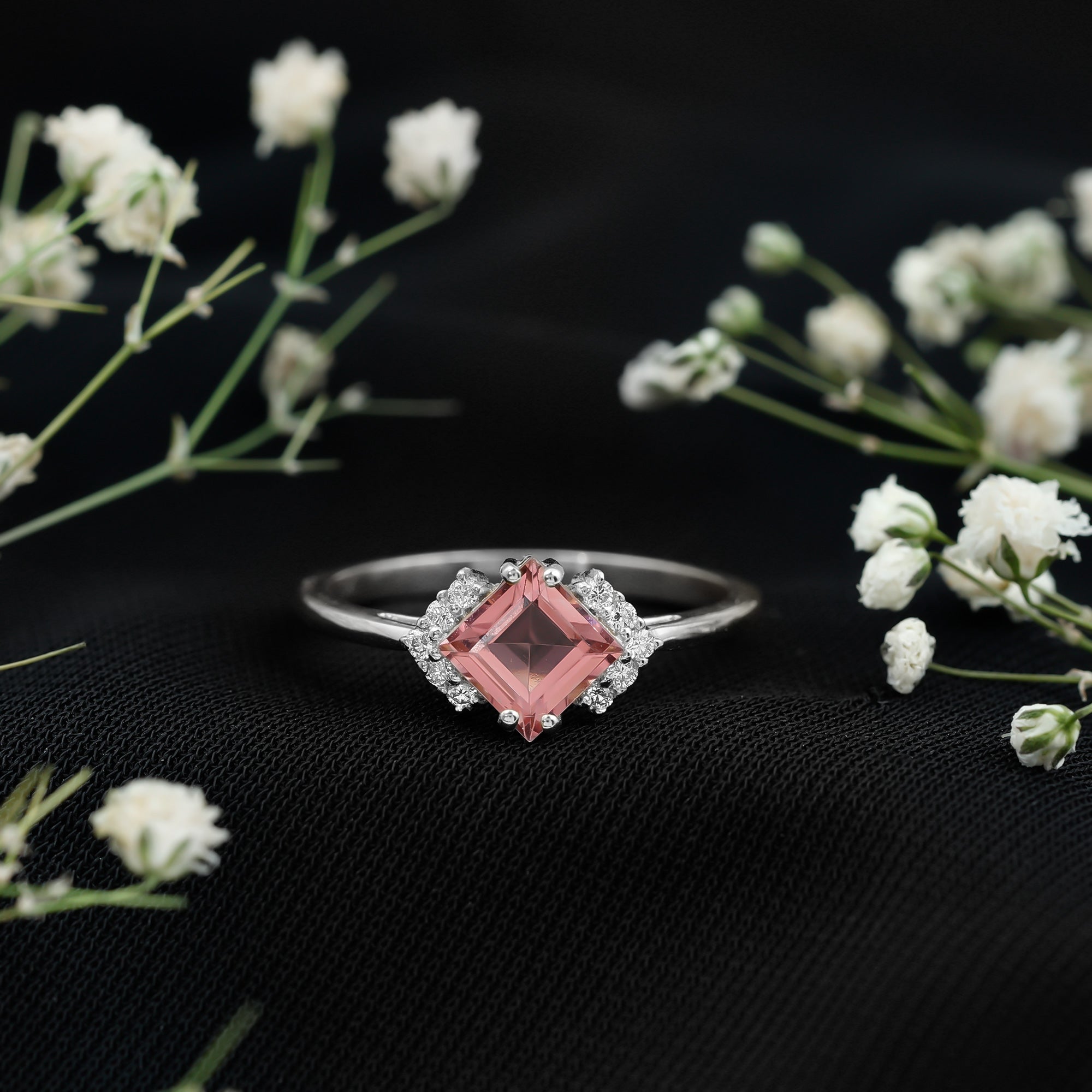Princess Cut Pink Tourmaline Engagement Ring with Diamond Accent AAA - Rosec Jewels