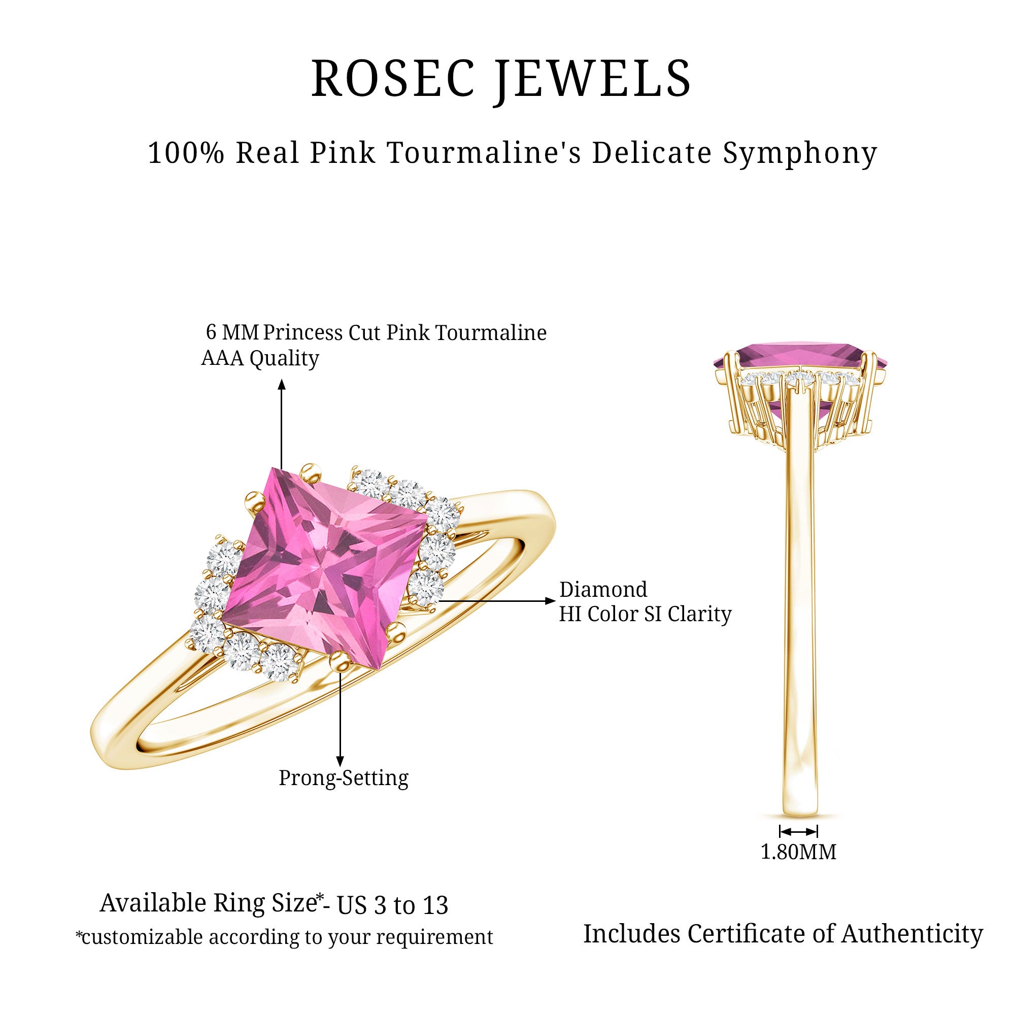 Princess Cut Pink Tourmaline Engagement Ring with Diamond Accent AAA - Rosec Jewels