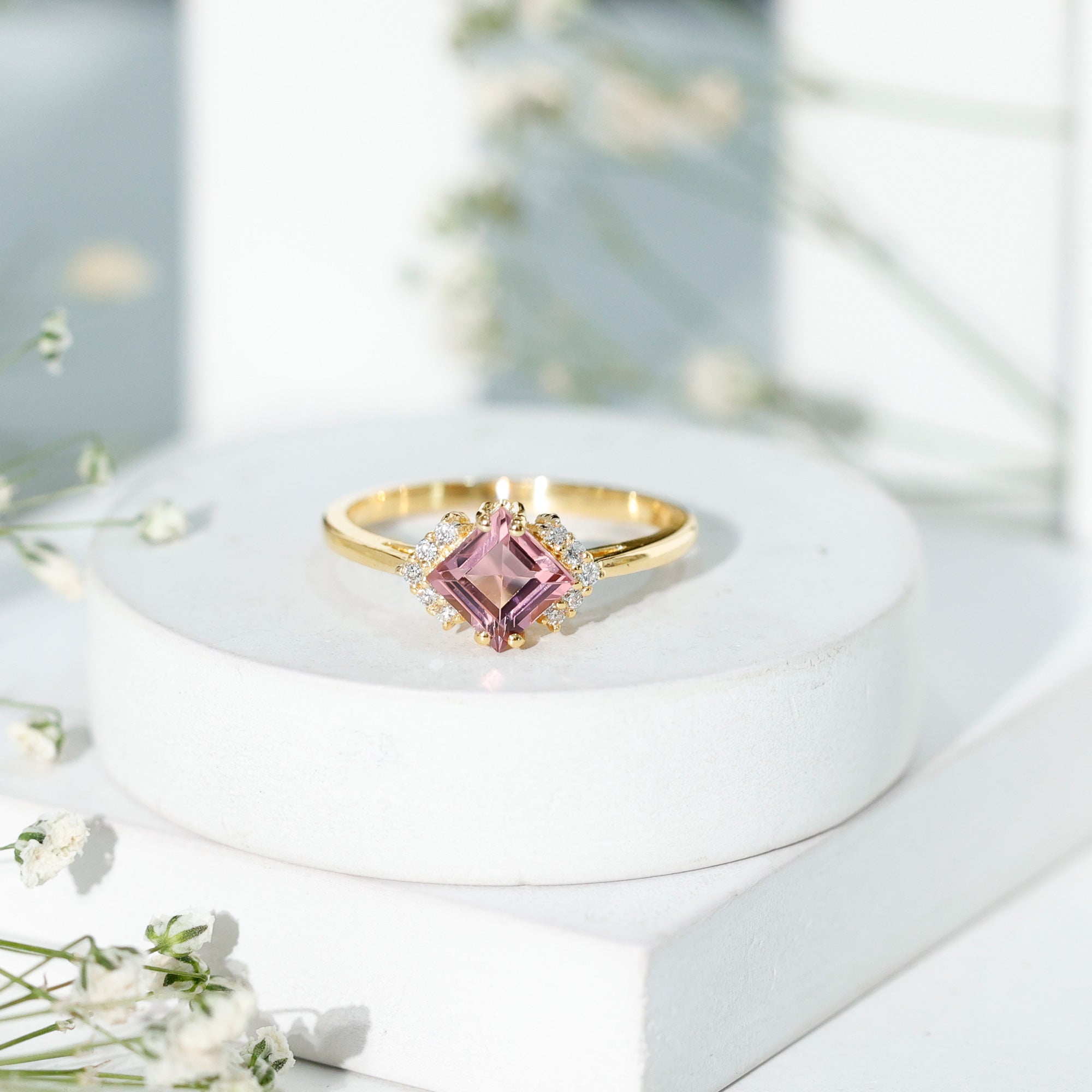 Princess Cut Pink Tourmaline Engagement Ring with Diamond Accent AAA - Rosec Jewels