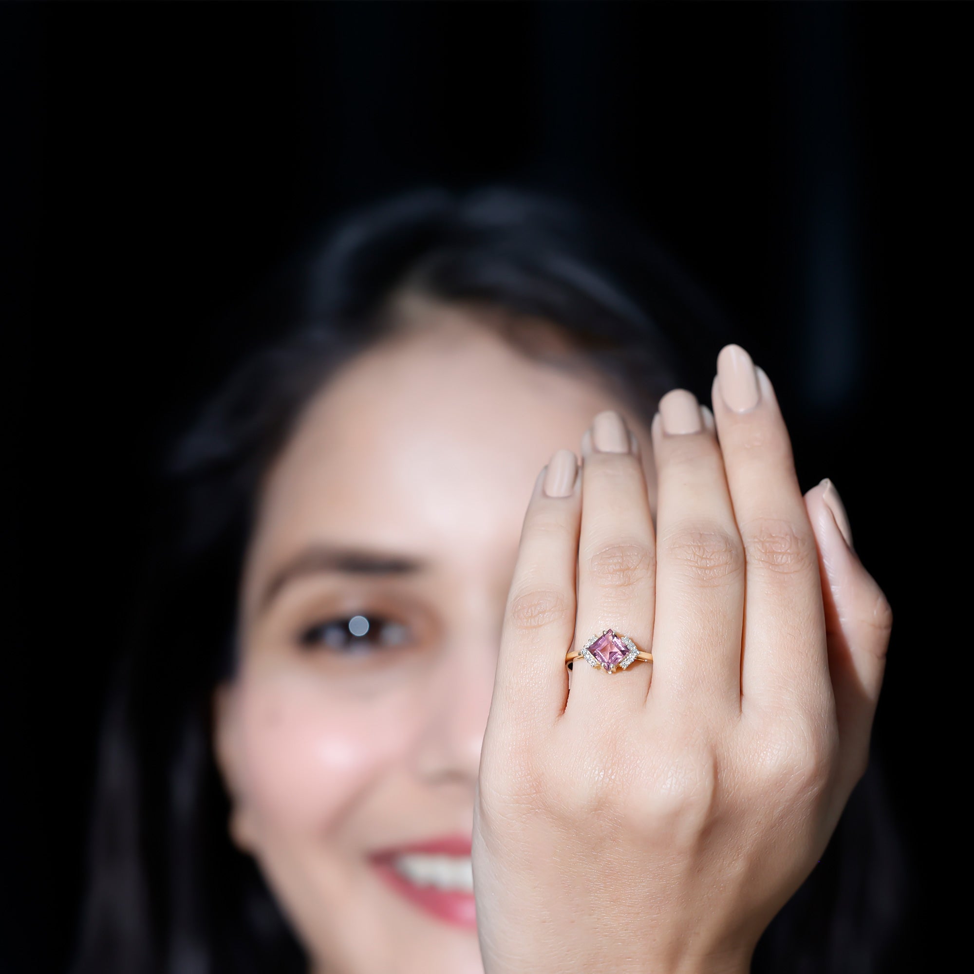 Princess Cut Pink Tourmaline Engagement Ring with Diamond Accent AAA - Rosec Jewels