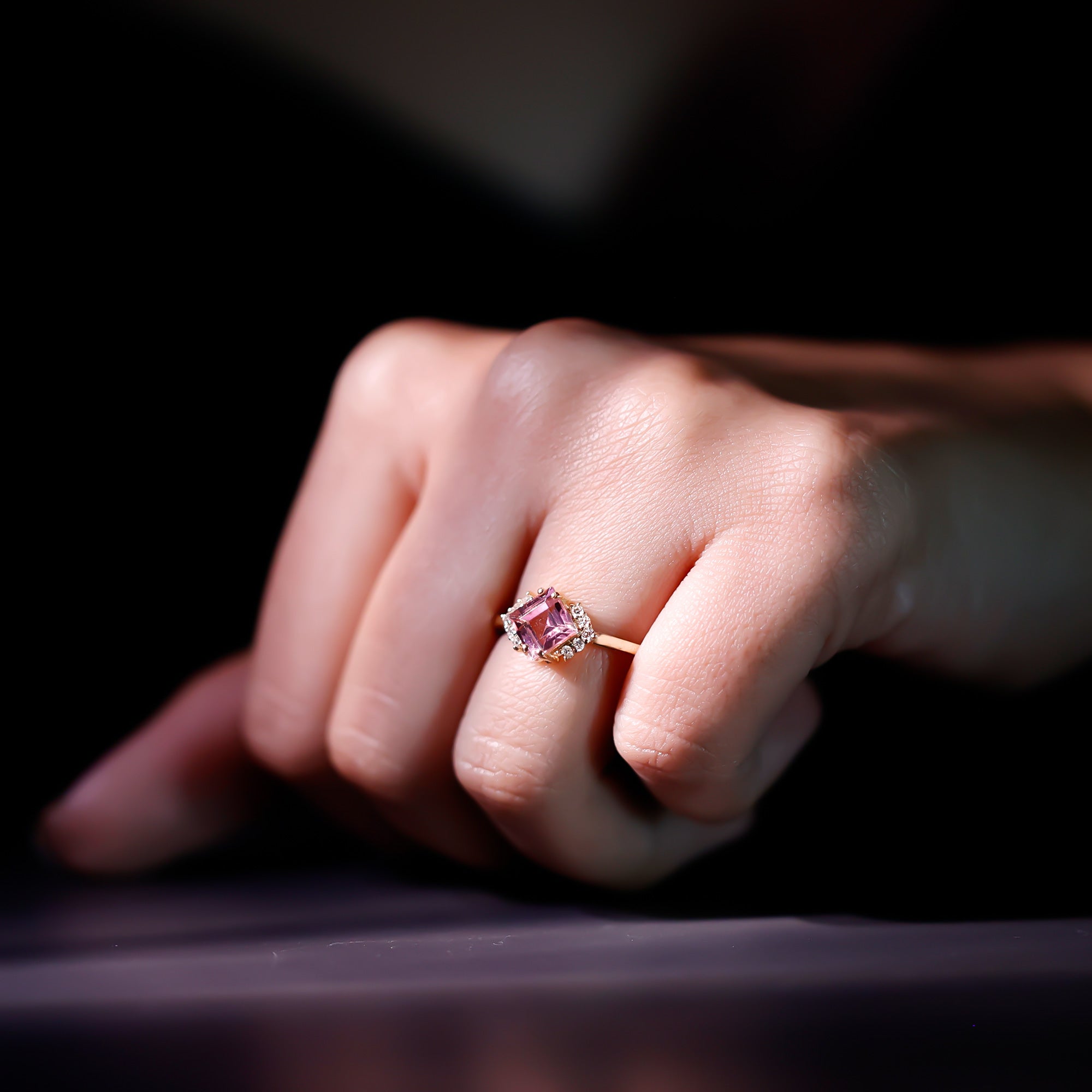 Princess Cut Pink Tourmaline Engagement Ring with Diamond Accent AAA - Rosec Jewels