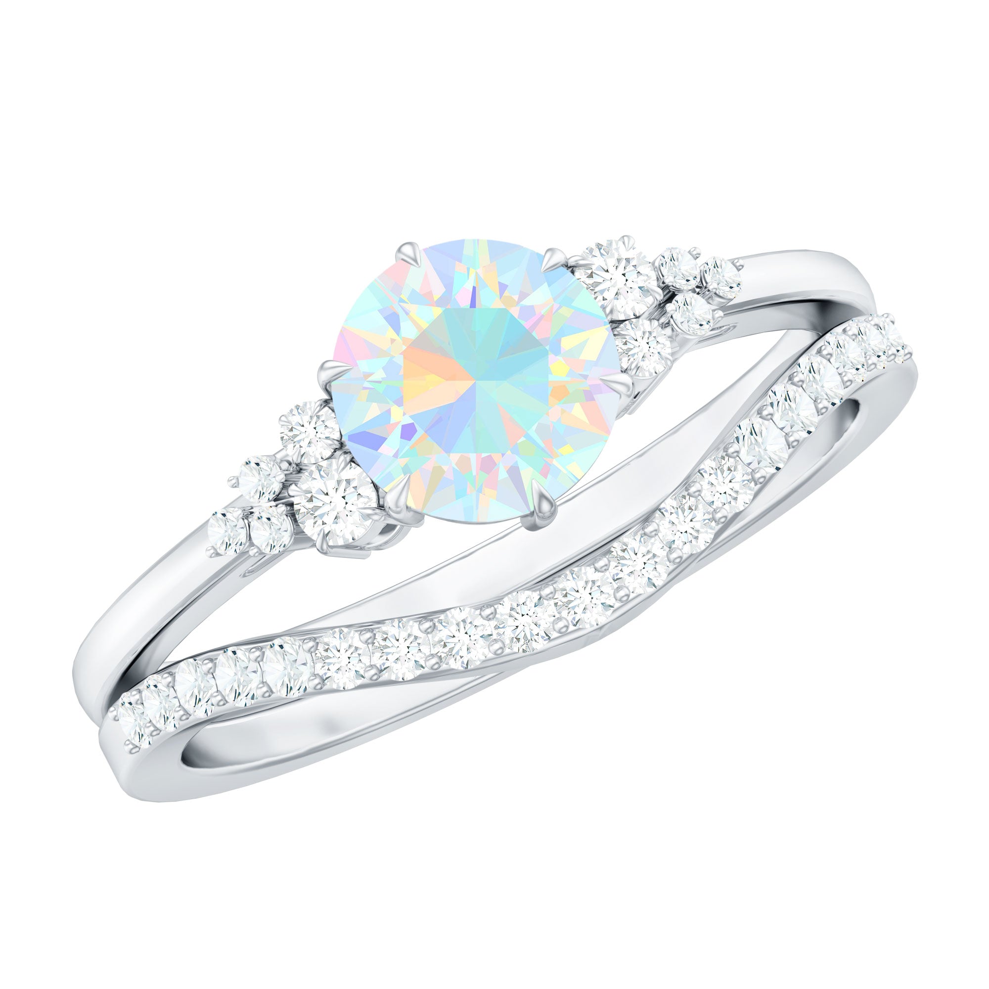 Natural Ethiopian Opal Diamond Wedding Bridal Ring Set of 2