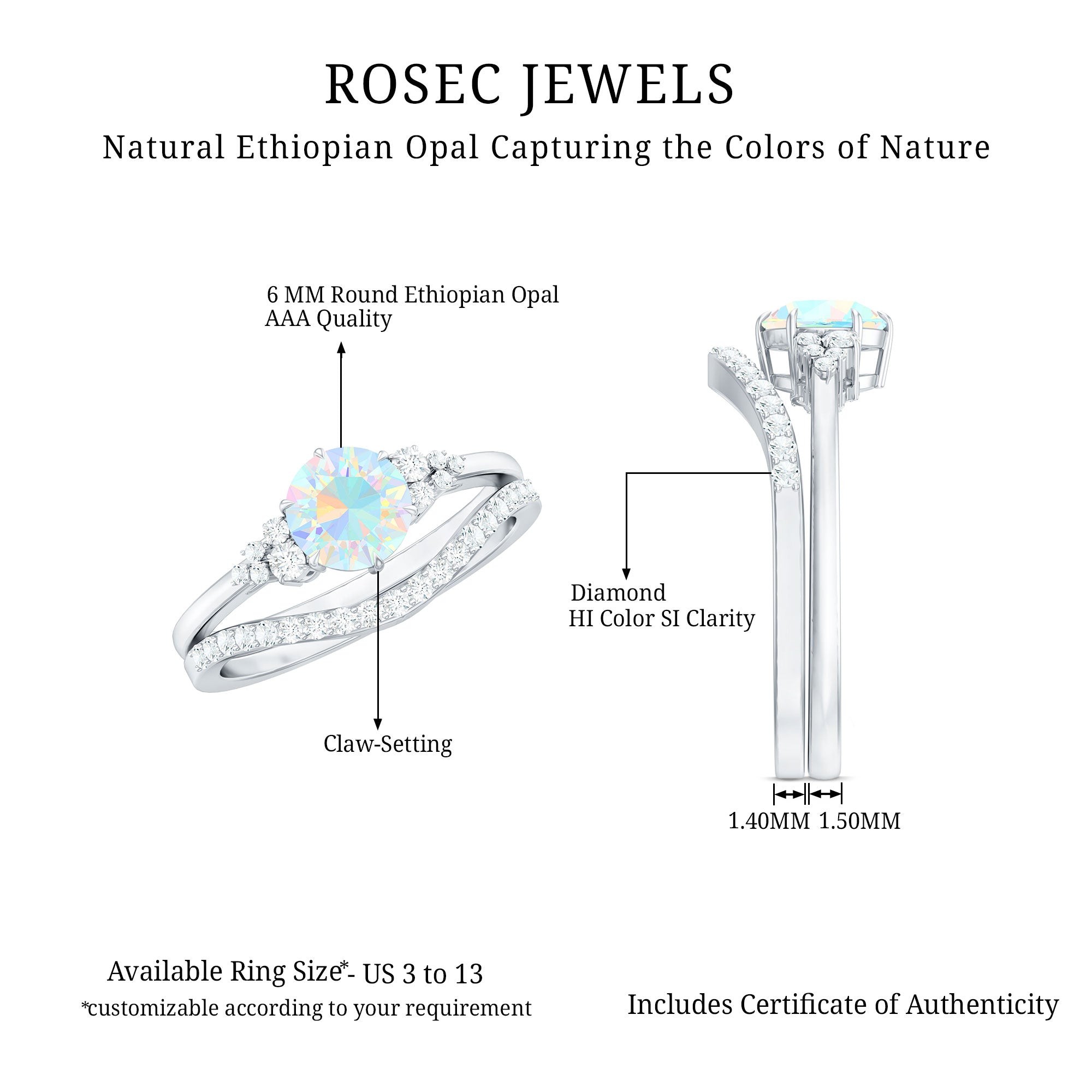 Natural Ethiopian Opal Diamond Wedding Bridal Ring Set of 2 AAA - Rosec Jewels
