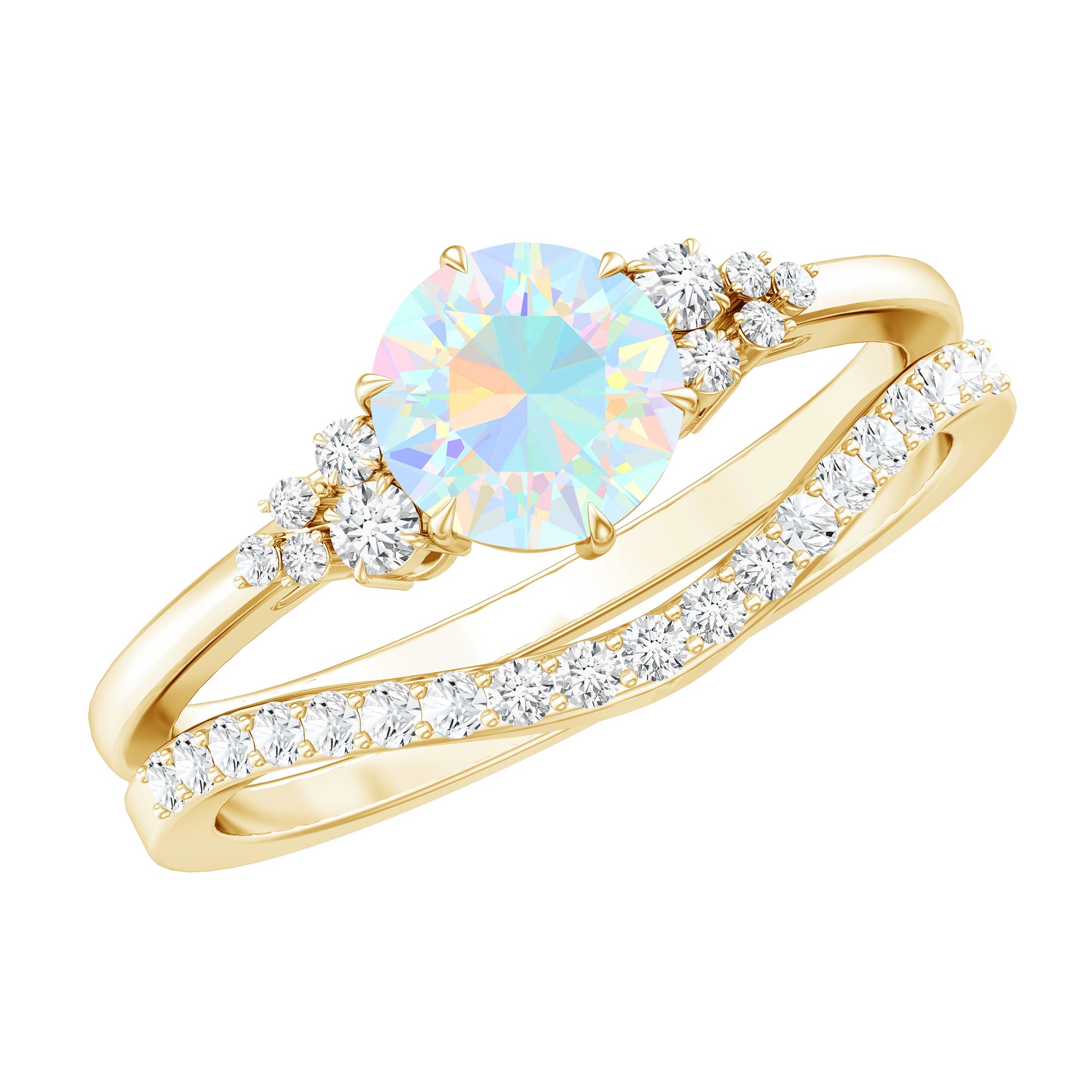 Natural Ethiopian Opal Diamond Wedding Bridal Ring Set of 2 AAA - Rosec Jewels