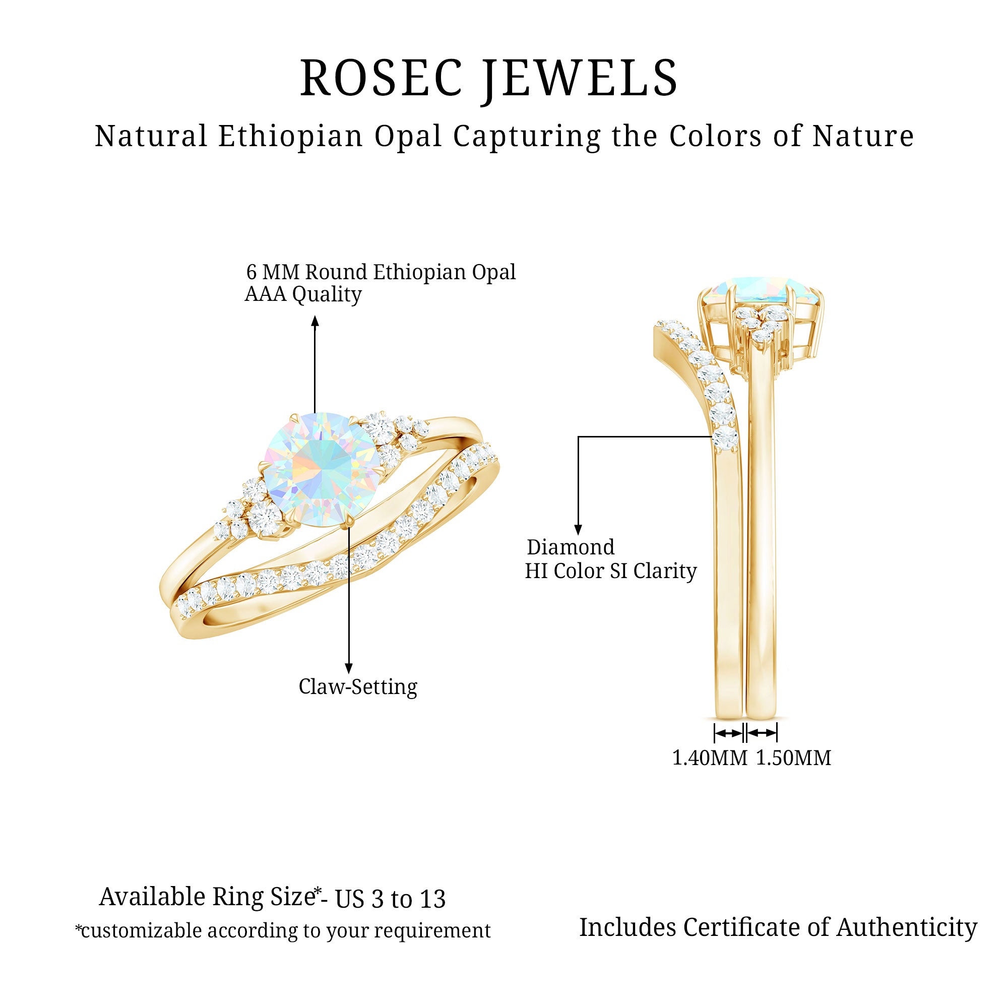 Natural Ethiopian Opal Diamond Wedding Bridal Ring Set of 2 AAA - Rosec Jewels