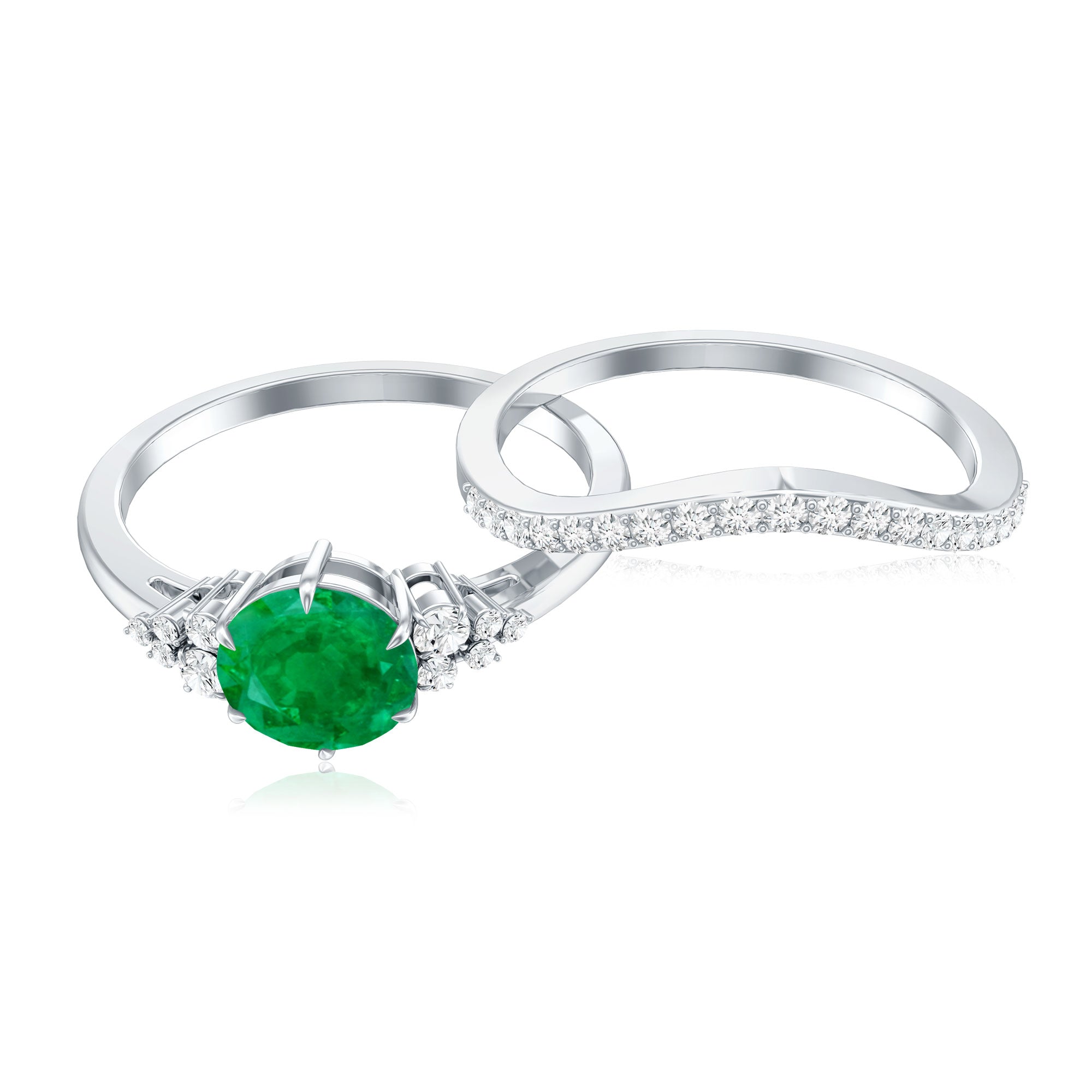 Natural Emerald Diamond Wedding Bridal Ring Set of 2 AAA - Rosec Jewels