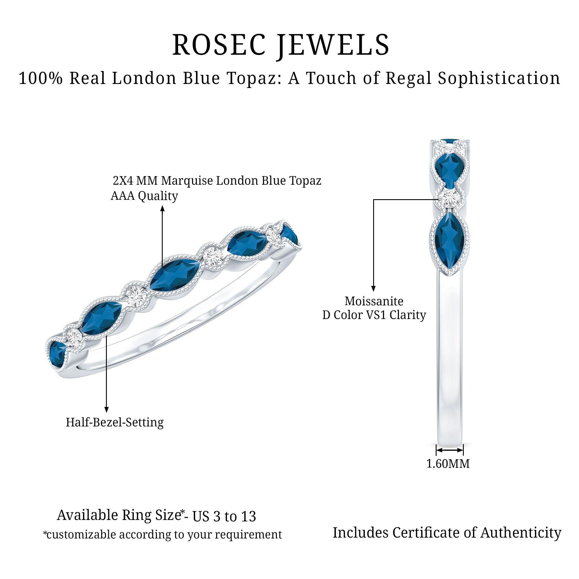 Genuine London Blue Topaz Half Eternity Ring in Bezel Set AAA 92.5 Sterling Silver - Rosec Jewels