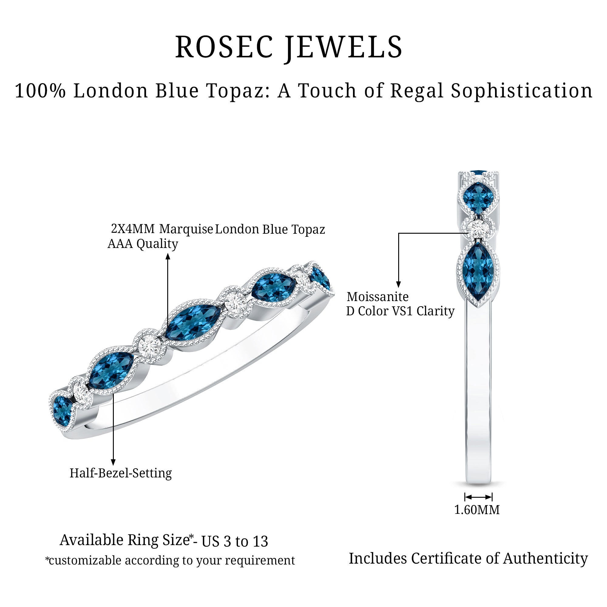 Genuine London Blue Topaz Half Eternity Ring in Bezel Set AAA 92.5 Sterling Silver - Rosec Jewels