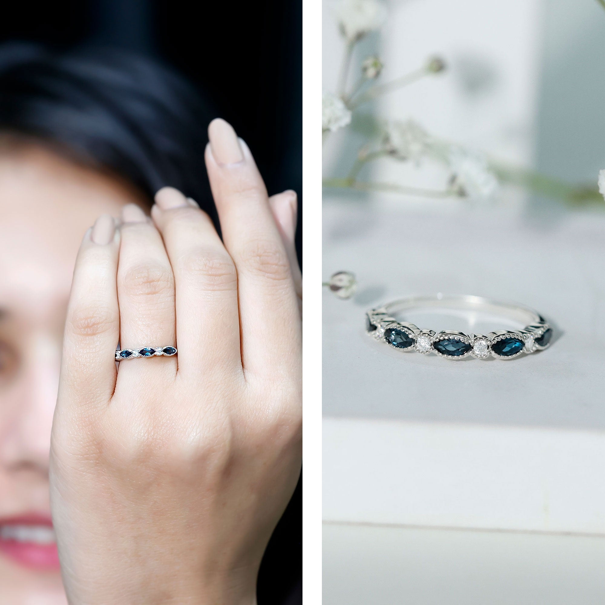 Genuine London Blue Topaz Half Eternity Ring in Bezel Set AAA 92.5 Sterling Silver - Rosec Jewels