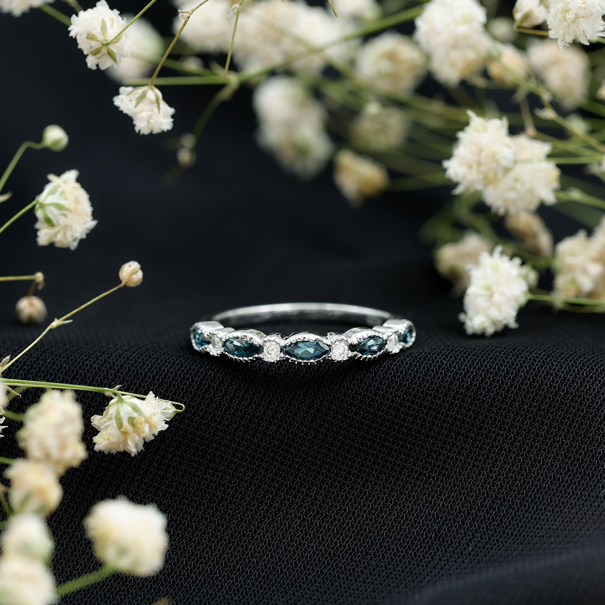 Genuine London Blue Topaz Half Eternity Ring in Bezel Set AAA 92.5 Sterling Silver - Rosec Jewels
